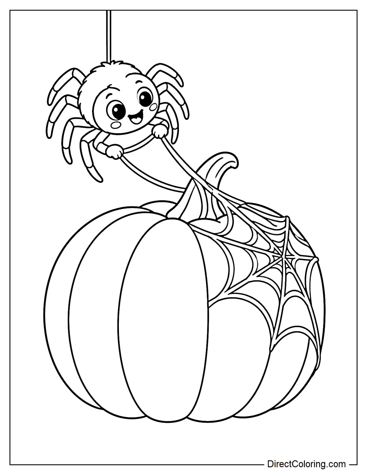 A cheerful spider wraps a strand of silk around a pumpkin for Halloween, with part of the pumpkin already covered in web.