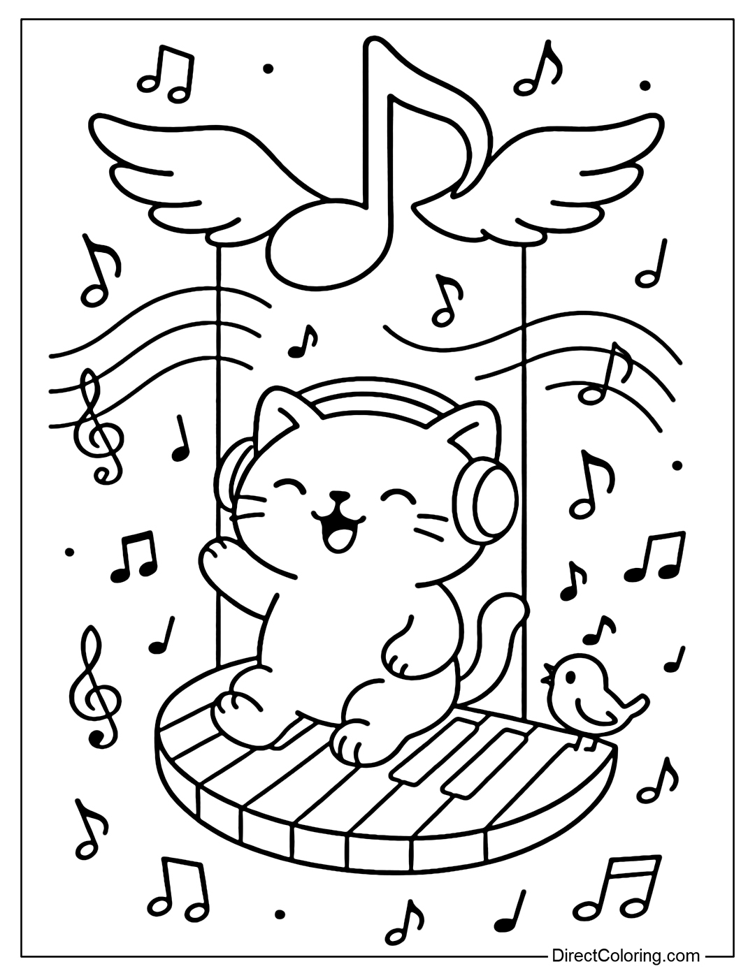 A swing coloring page with a flying musical note, a cat wearing headphones singing with a musical bird.