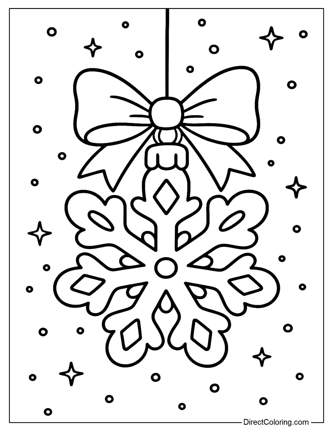 A coloring page of a snowflake with a large bow and ribbon hanging loop, and rounded branches.