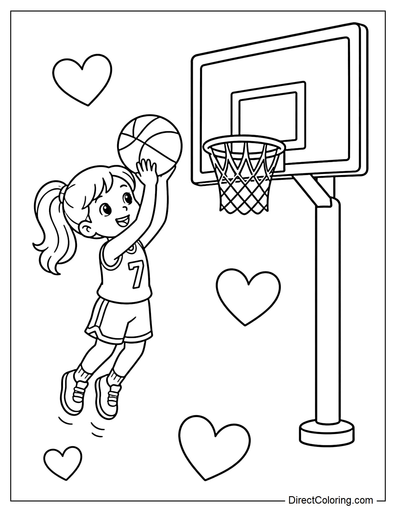 A girl lightly jumps to take a jump shot, both hands holding the ball high, with a large hoop and some hearts in front.