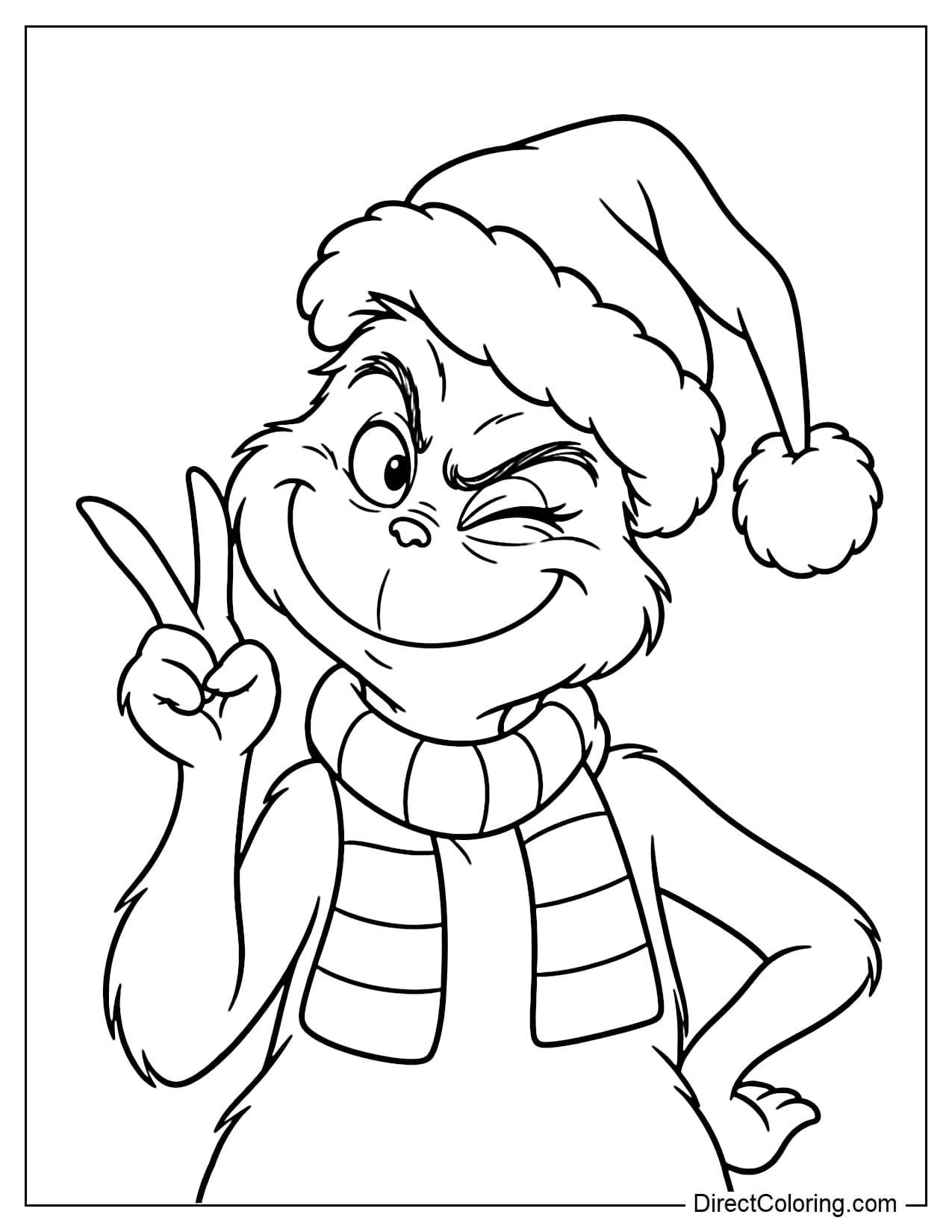 A close-up of Grinch's upper body, wearing a Santa hat and a striped scarf. He tilts his head, winks, and flashes a cheeky grin, making a peace sign beside his face with one hand while resting the other on his hip.