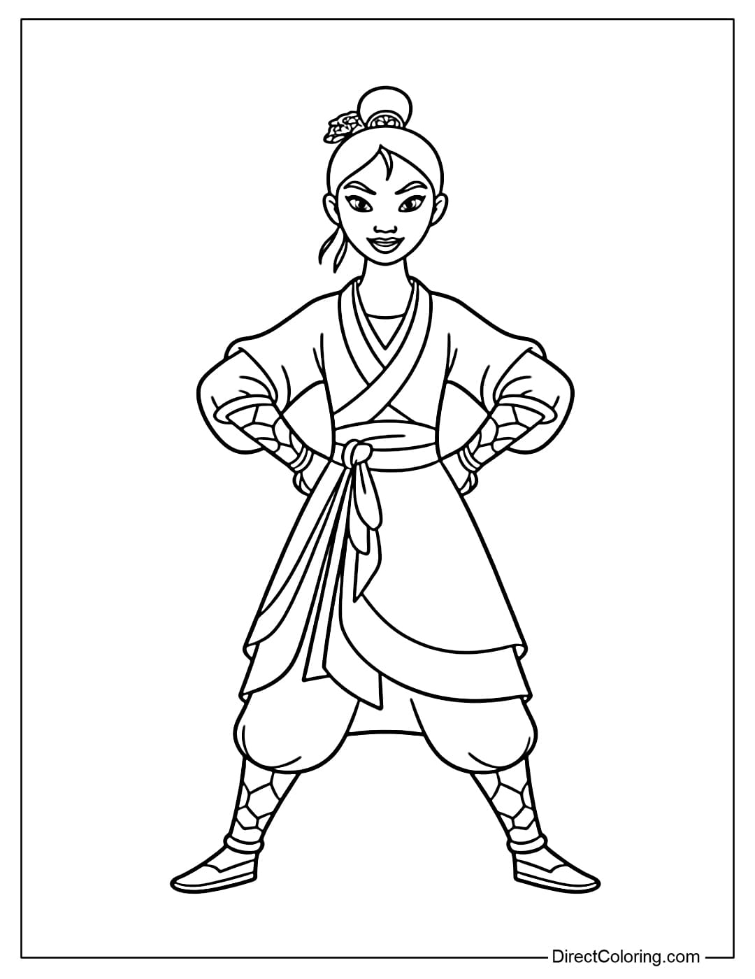 A coloring page of Princess Mulan standing in a simple, powerful pose.
