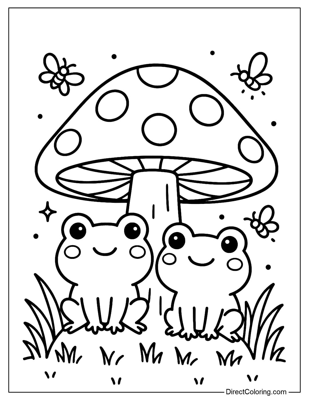 Mushroom with Frogs Coloring Page A big mushroom coloring page as a seat for two adorable little frogs, with fireflies flying around.