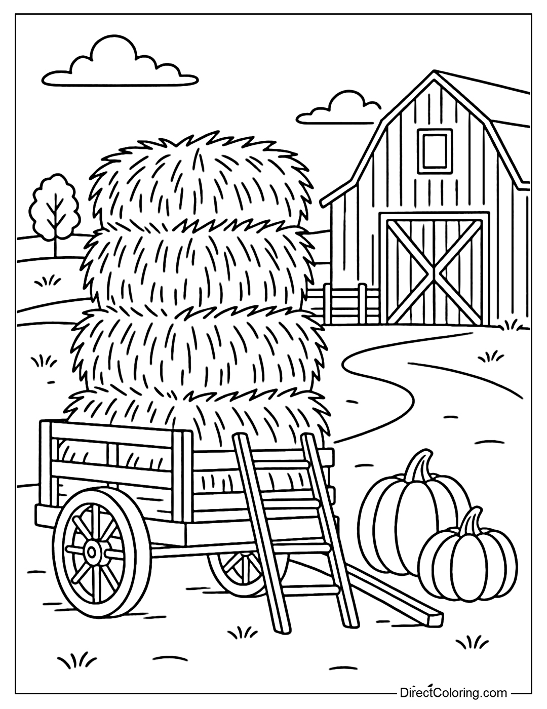 Coloring page of hay wagon with tall hay bales, some pumpkins placed next to it, farm background.