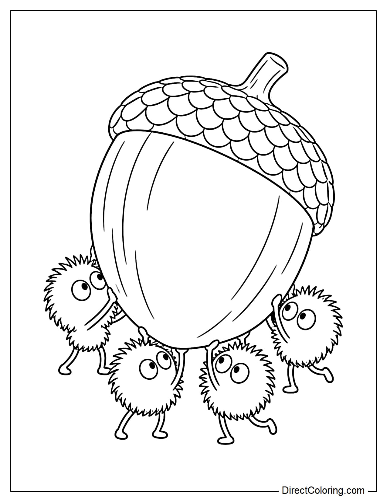 Four soot sprites work together to lift and carry a giant acorn.