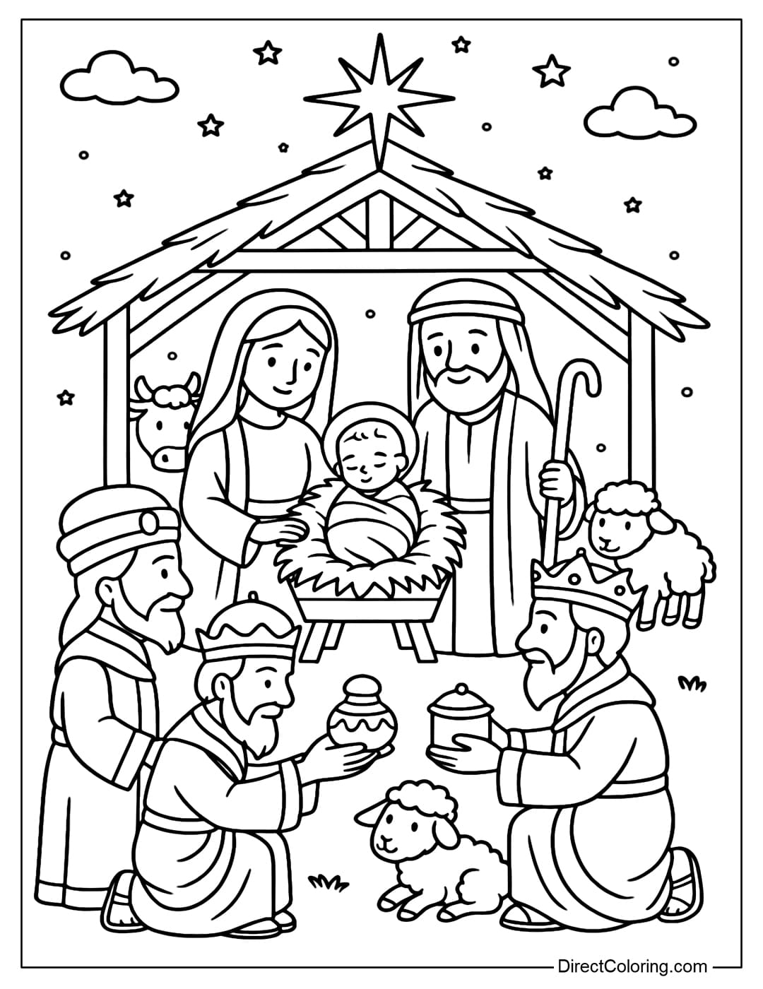 Christmas scene coloring page, in front are three wise men, each holding a gift box towards the manger.