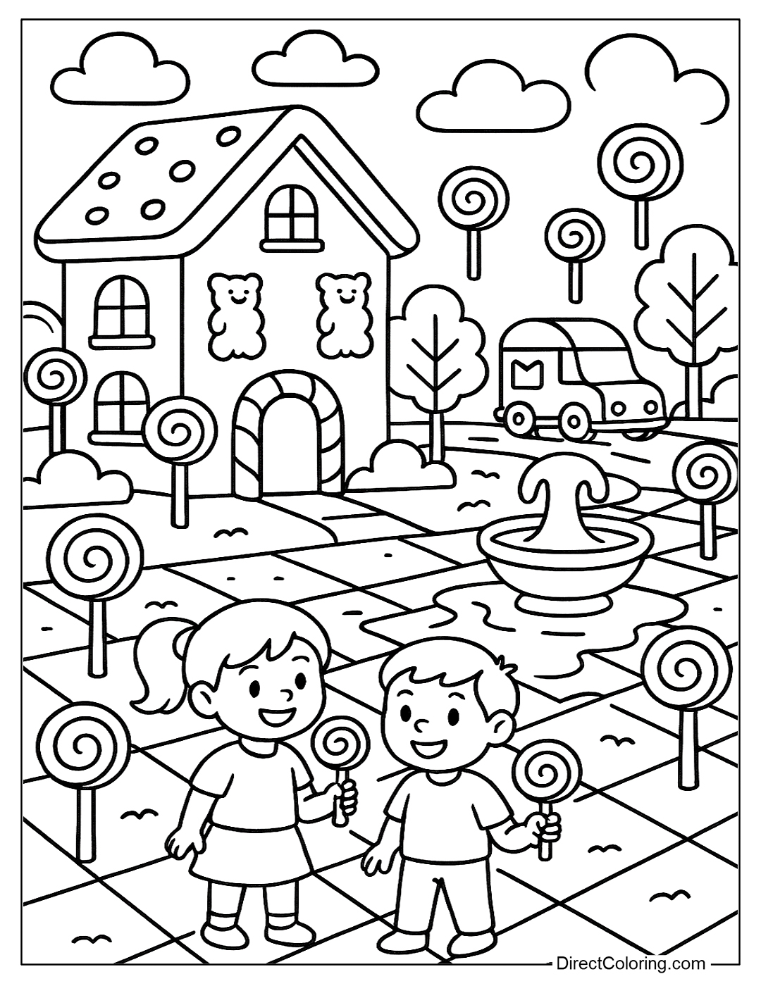 A city with a candy building, cookie roof, and gummy windows  coloring sheet