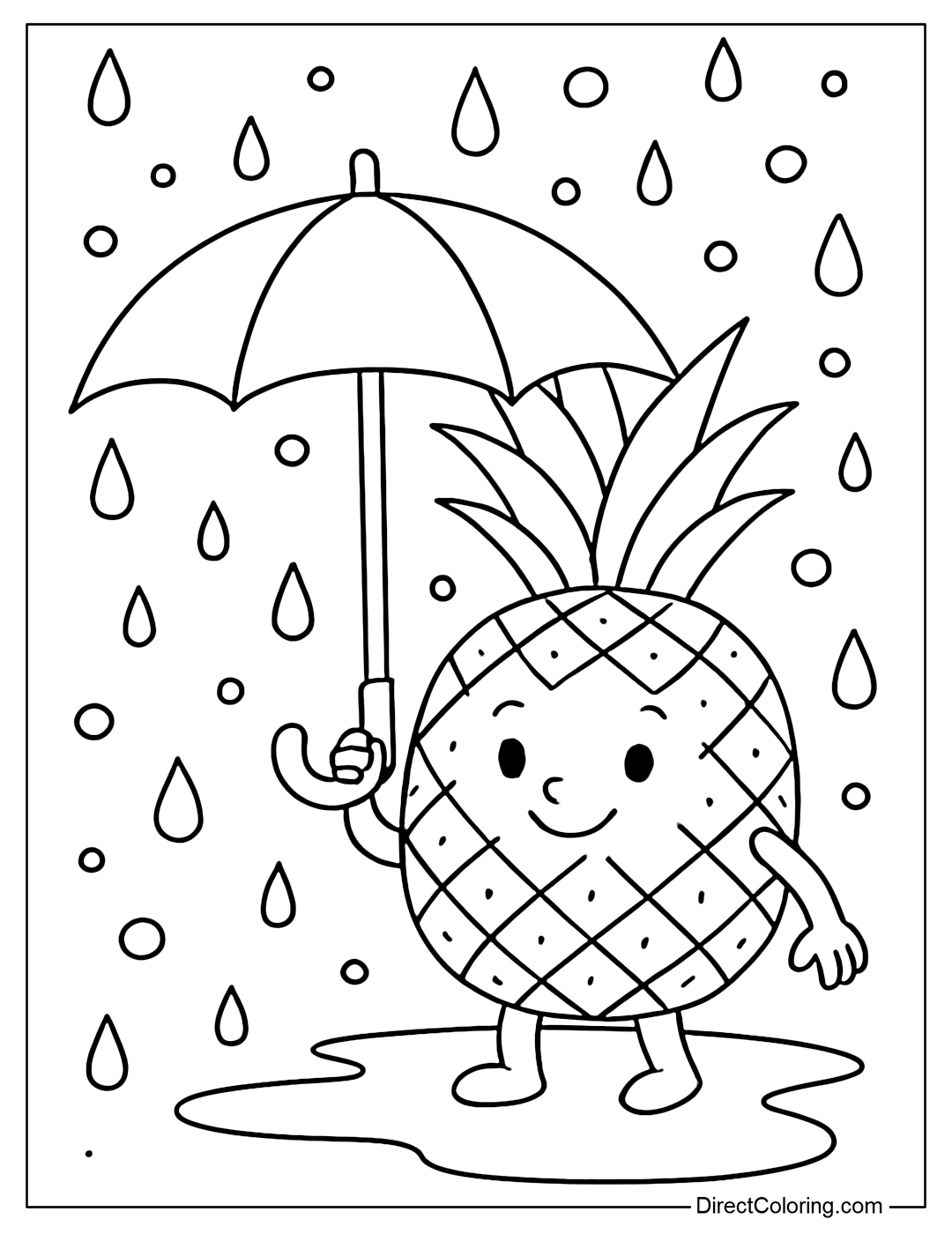 Coloring page of a pineapple holding an umbrella under a rain of water bubbles.