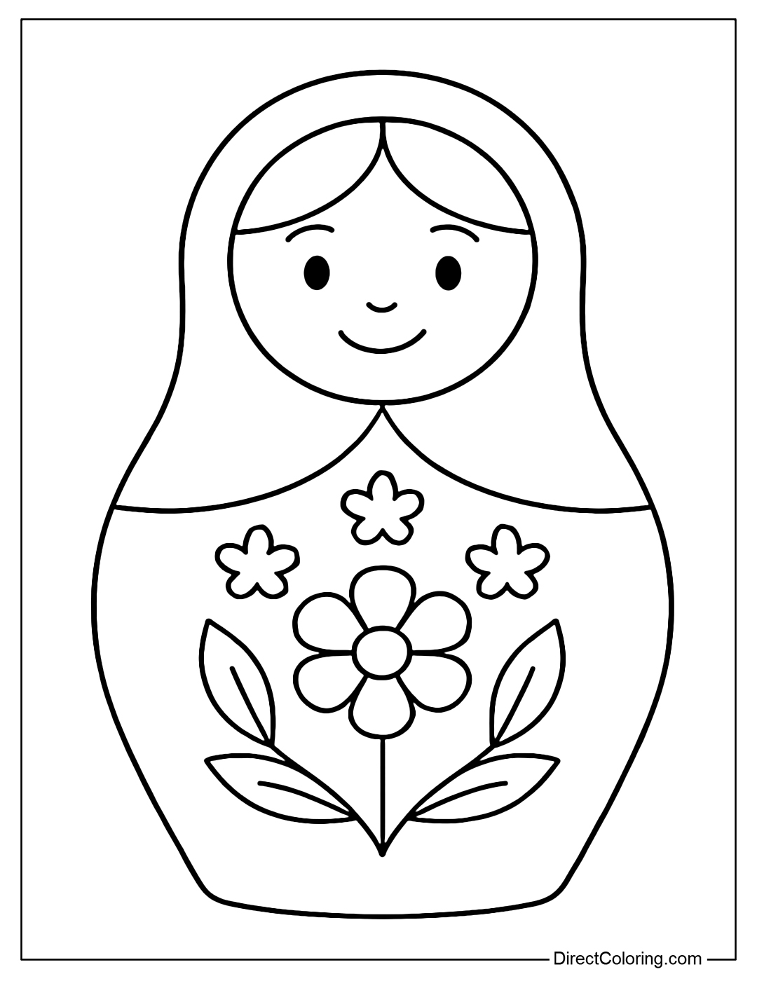 Matryoshka doll coloring page with simple pattern, a big smiling doll.