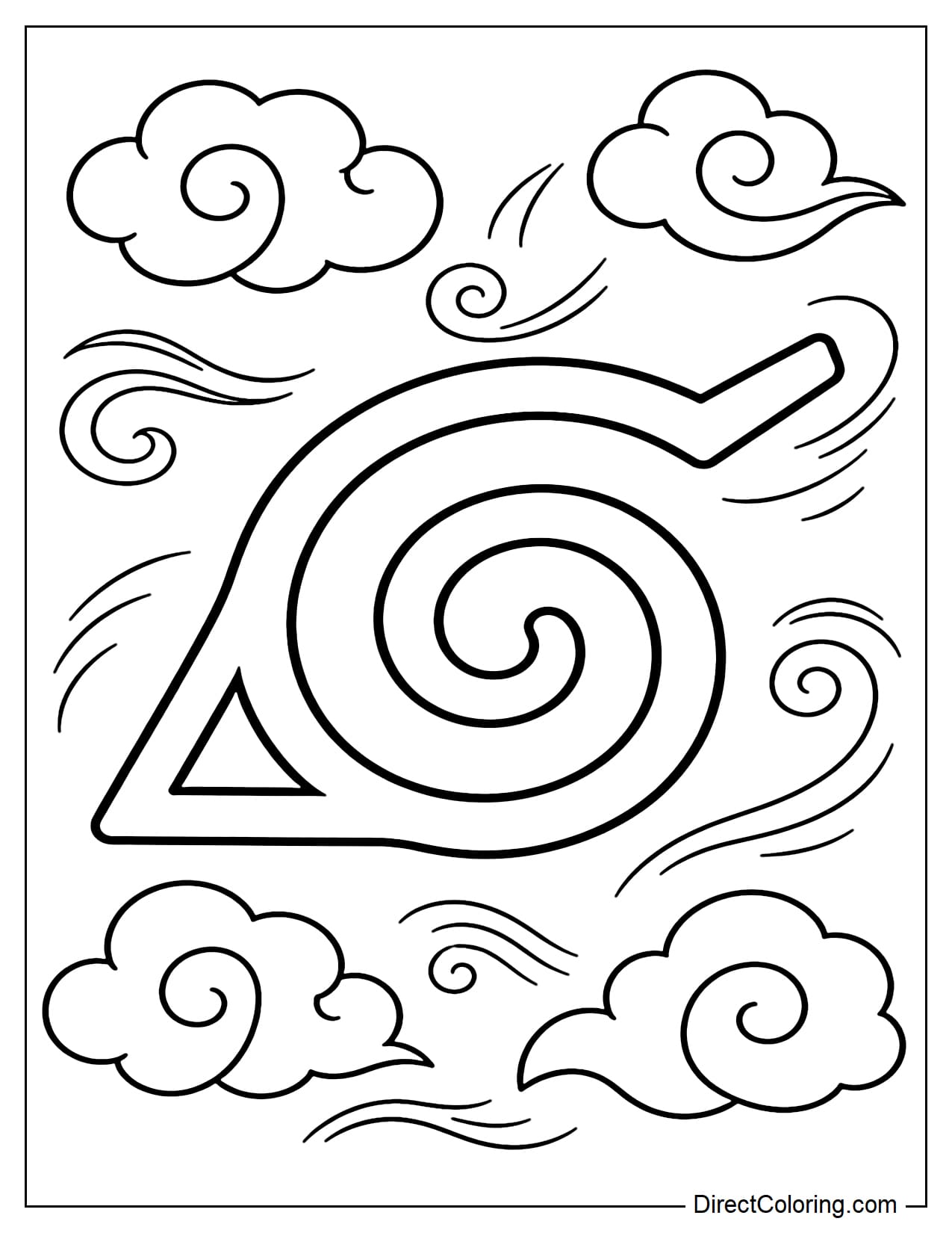 The Leaf Village symbol is drawn large in the center with its characteristic swirling lines, surrounded by clouds.
