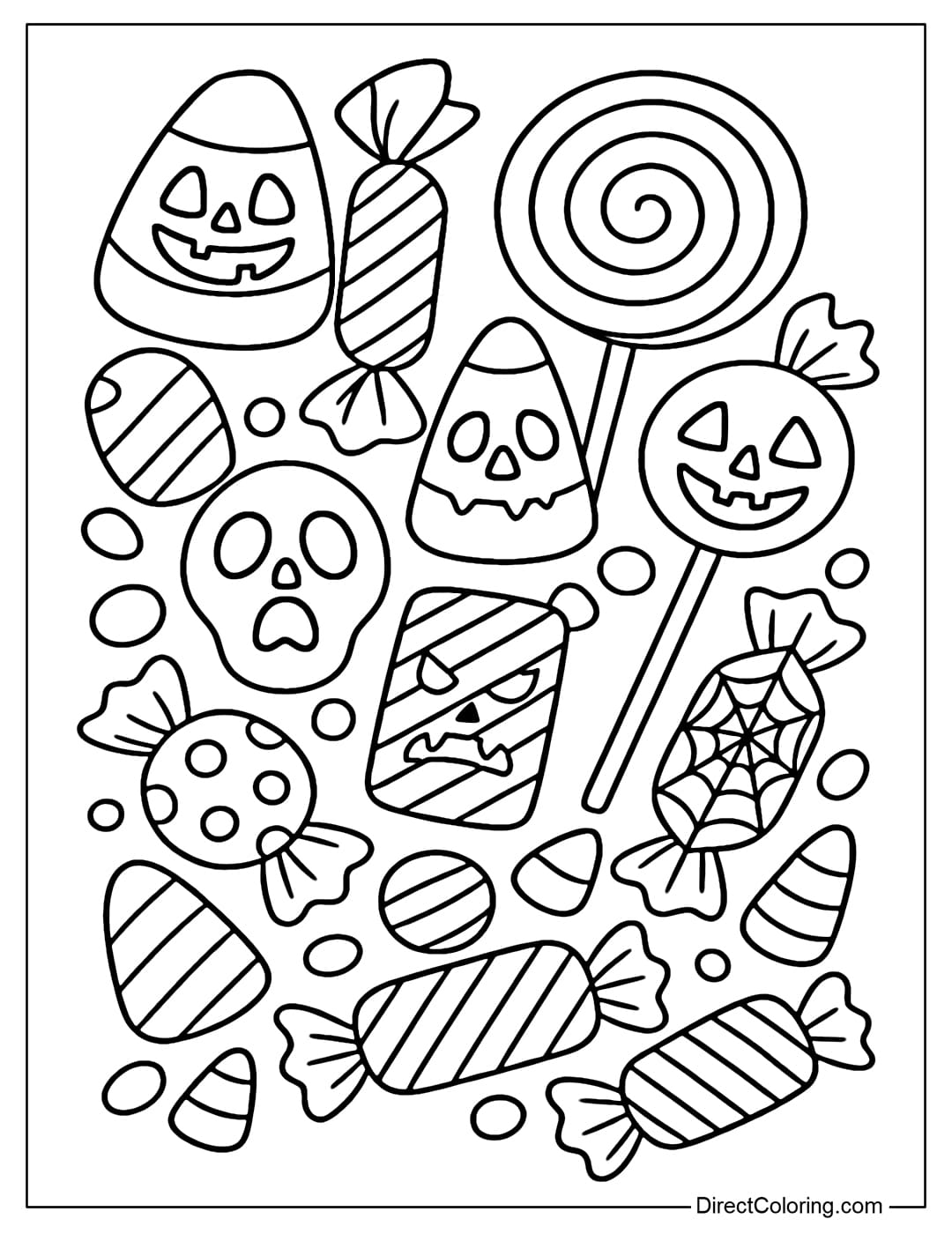 Creepy Candy Coloring Page A creepy Halloween candy coloring page, some with scary faces but still funny.