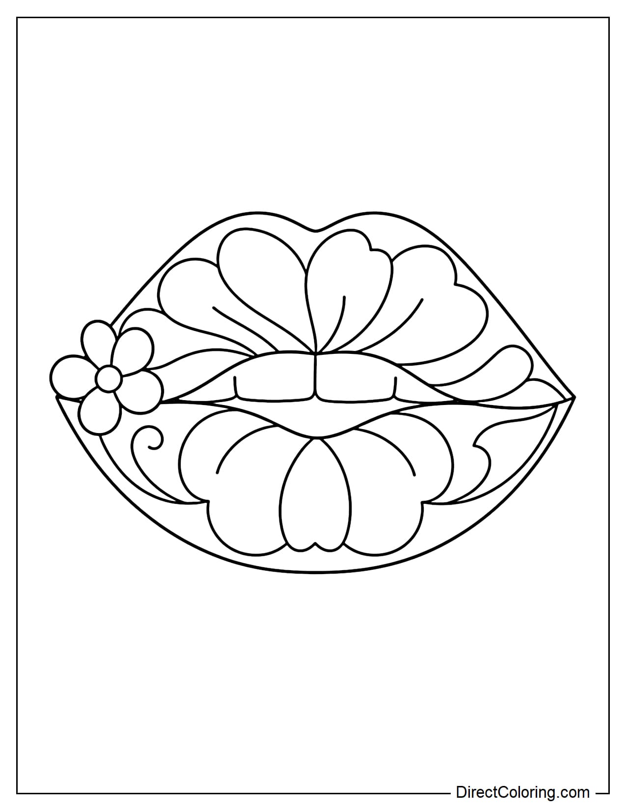 A large pair of slightly parted lips, with the lip outline and surface decorated with large flower petals and soft flowing curves, plus a small flower at one corner of the lips.