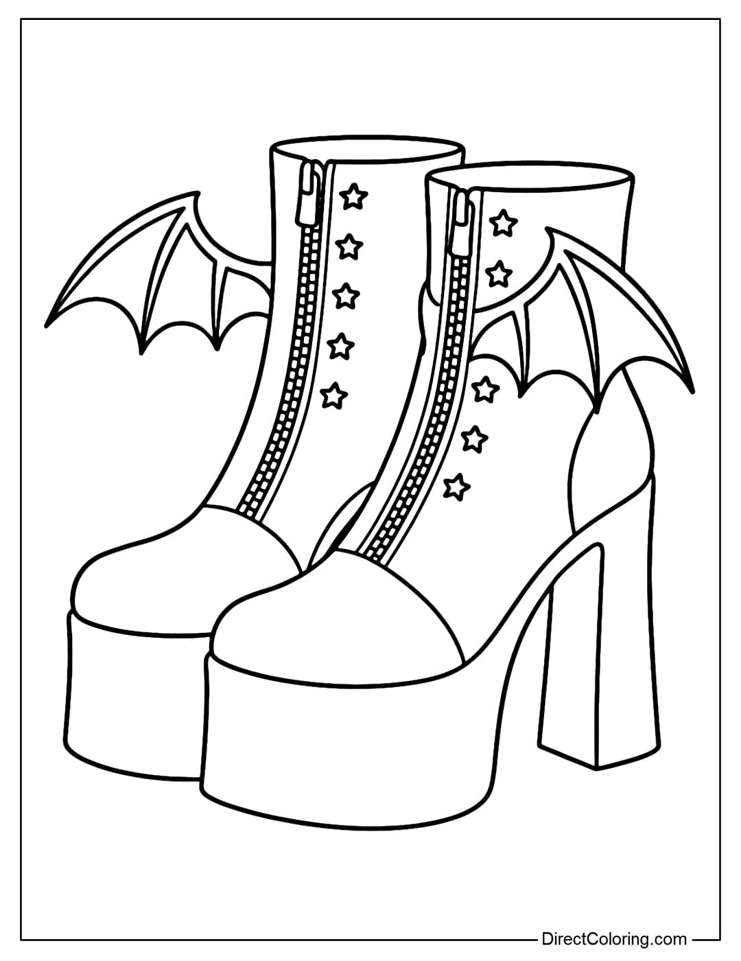 Coloring page for high-heeled bat-style boots, zipper and small star-shaped studs, bat wings on the side.