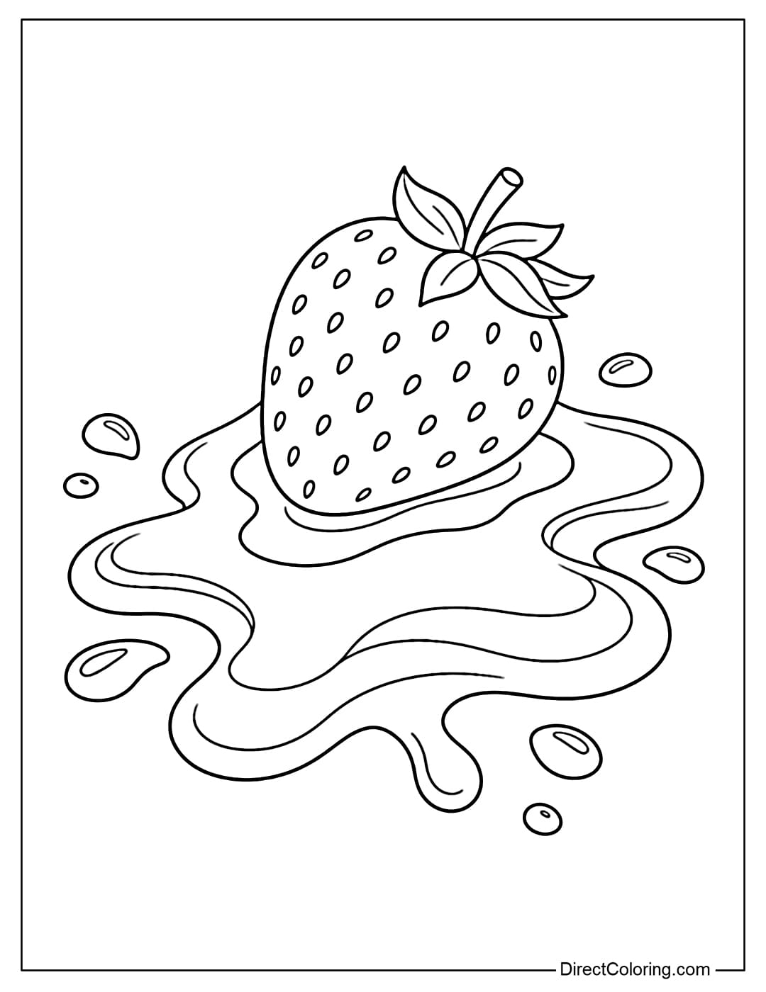 A coloring page of a strawberry placed on a layer of syrup flowing in wavy curves and small drops around it.