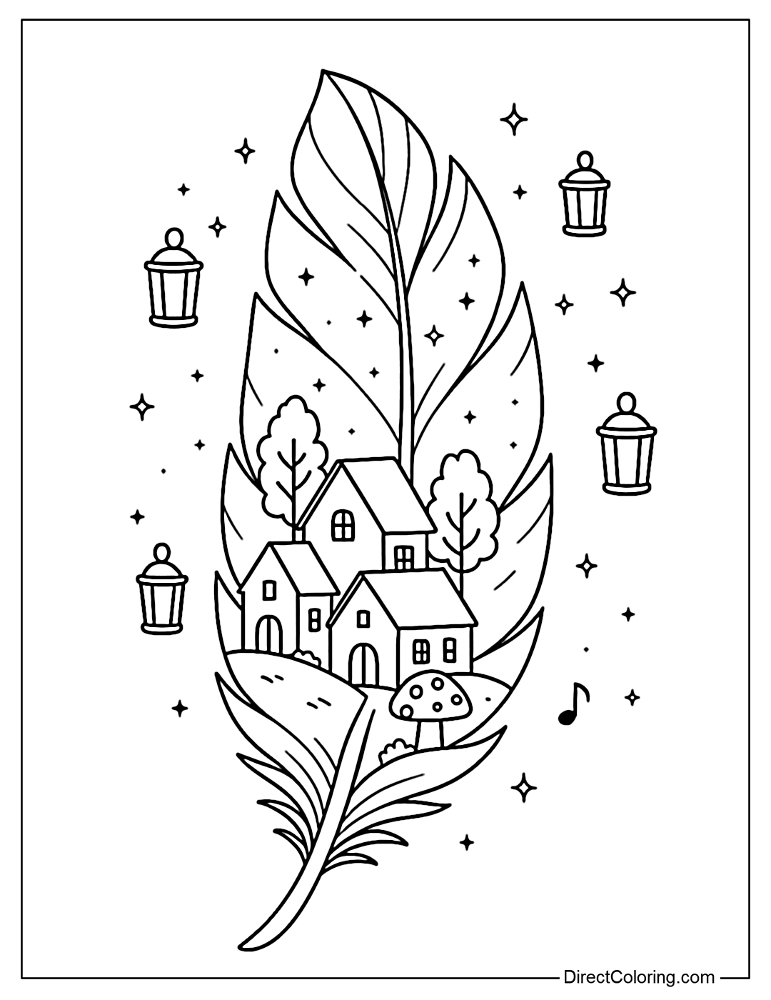 A feather coloring page inside has a tiny village with 2-3 simple houses and small mushrooms, lanterns flying around creating a fairy-tale feel.