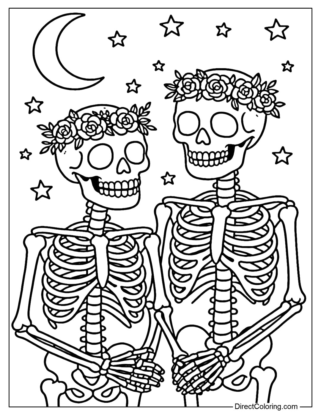 Coloring page of two skeletons holding hands, wearing wreaths on their heads, a romantic scene with the moon and stars.