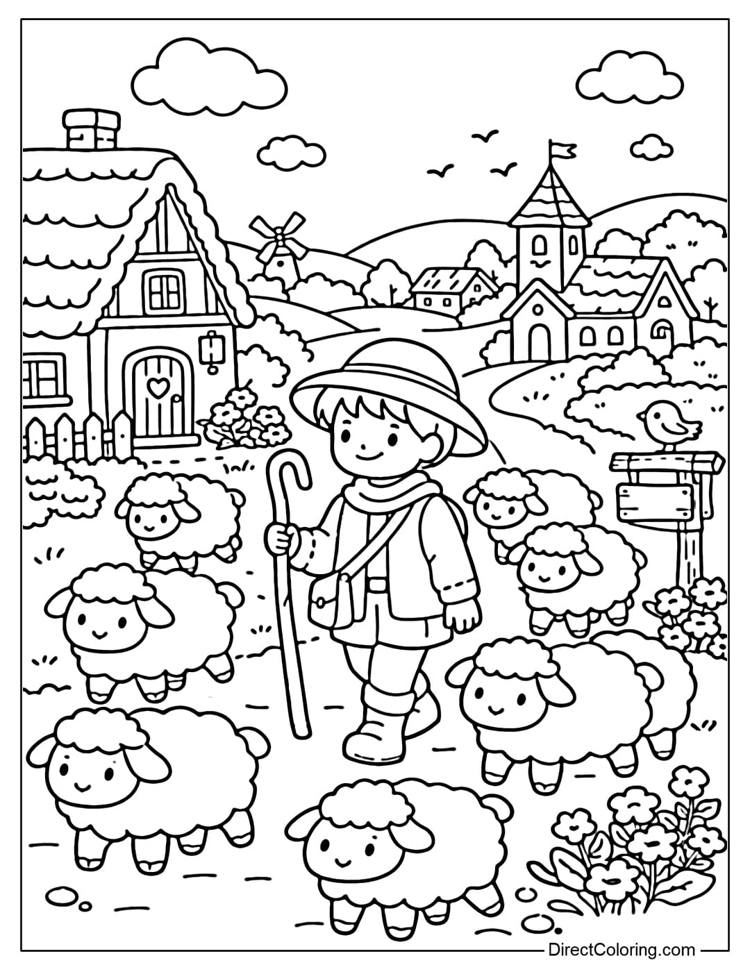 Coloring page of a shepherd leading his flock of sheep through the village.