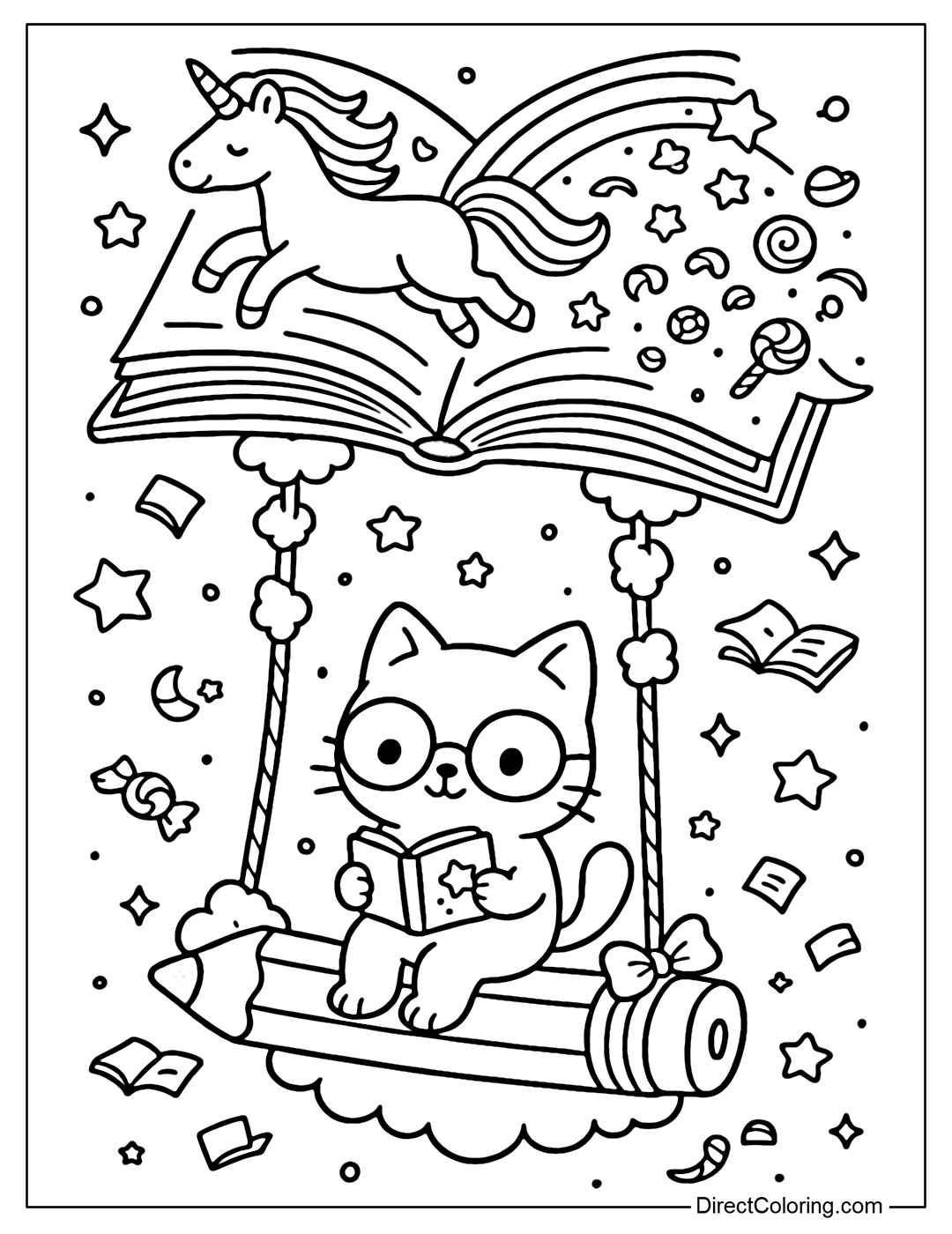 Coloring page of a swing hanging from an open fairy tale book, a cat wearing glasses sitting on a pencil.