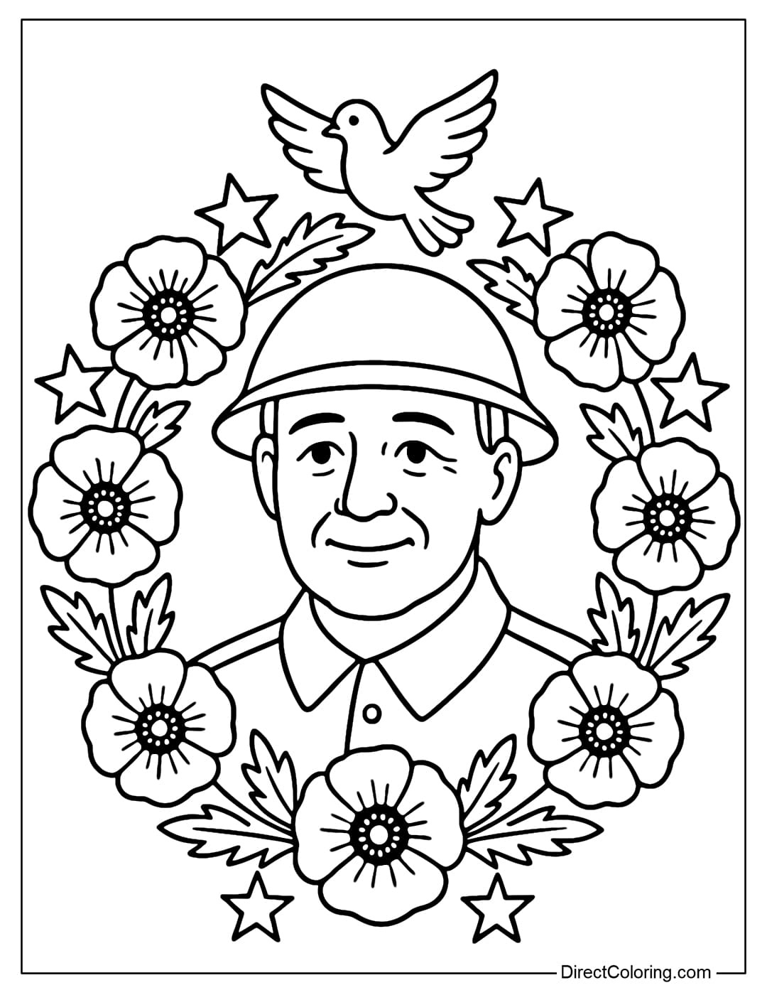 Coloring page of a large circle made of poppies interspersed with stars. In the center of the circle is a soldier wearing a helmet.