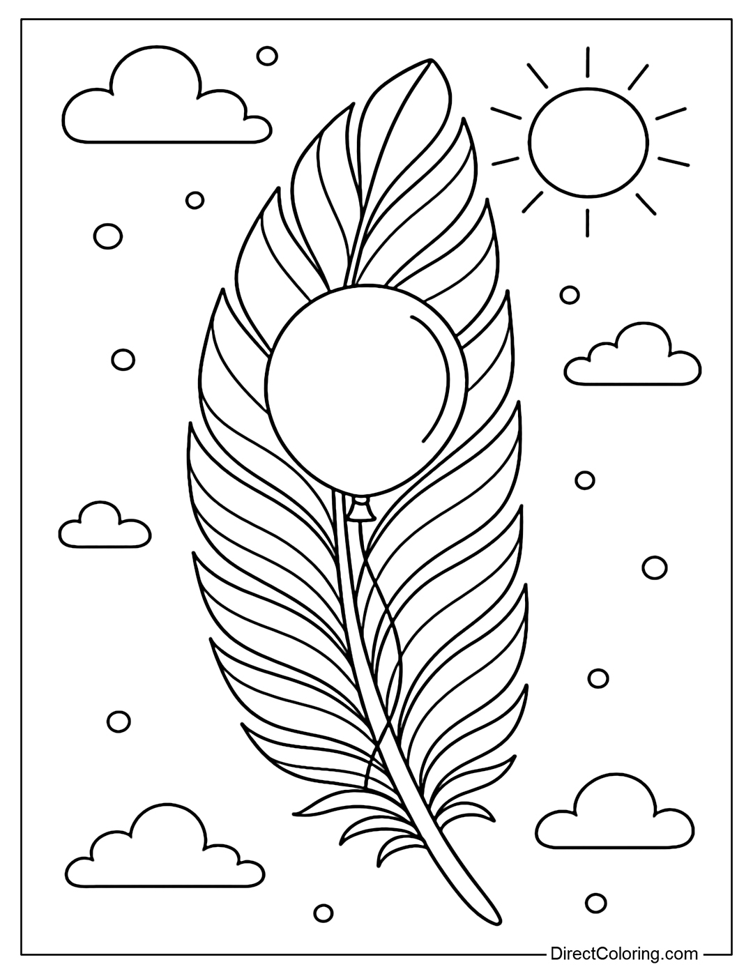 Feather coloring page with balloons, clouds and soft sunshine in the background.