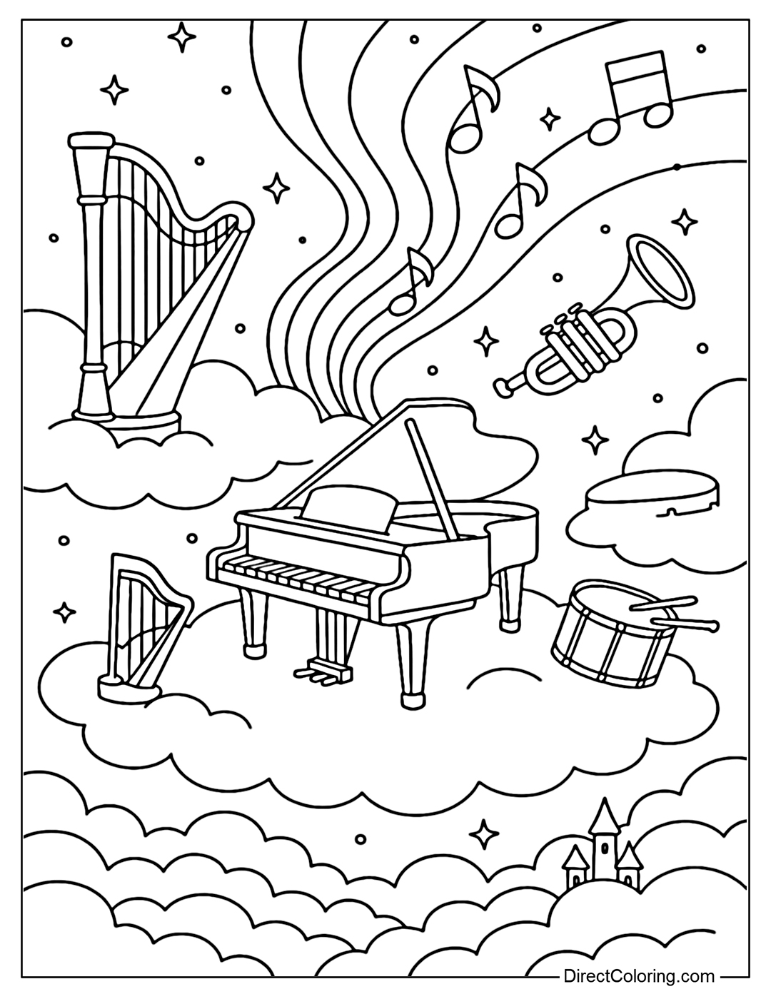 A giant stage-shaped cloud coloring page floating in the sky. Above the clouds are giant harps, pianos, trumpets and drums floating