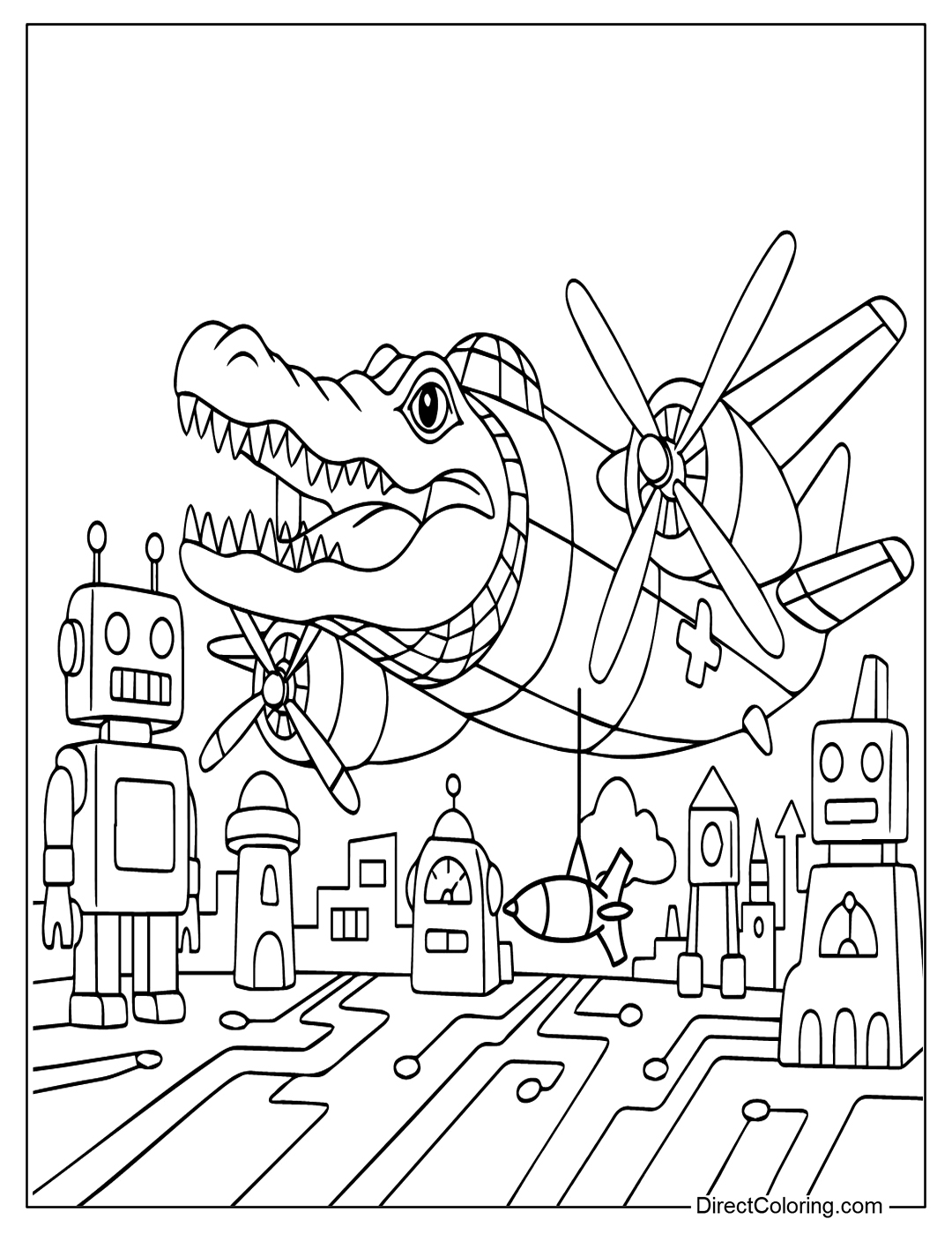 Bombardiro Crocodilo in the Robot City Coloring