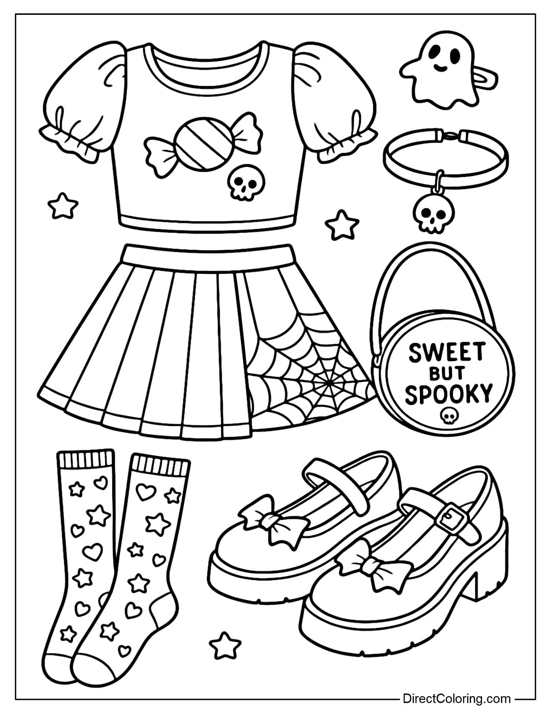Coloring page for a cute pastel goth Y2K outfit with a candy-sleeved crop top with mini skulls, a pleated skirt with spider web trim, and thick-soled Mary Jane shoes with a bat bow.