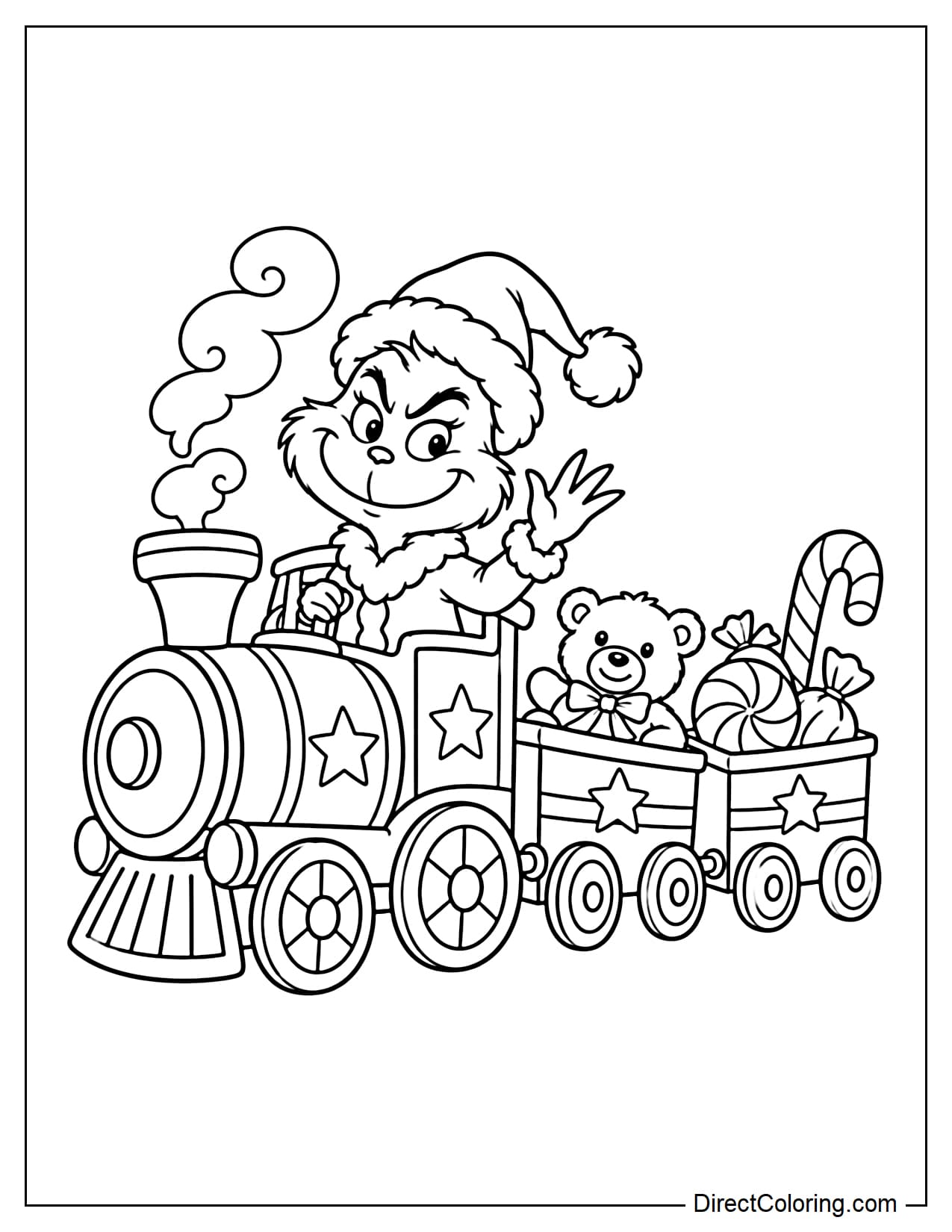 Grinch wears a Santa hat and happily drives a Christmas toy train, pulling two small carriages filled with a teddy bear and Christmas candies. Curly puffs of smoke rise from the chimney.