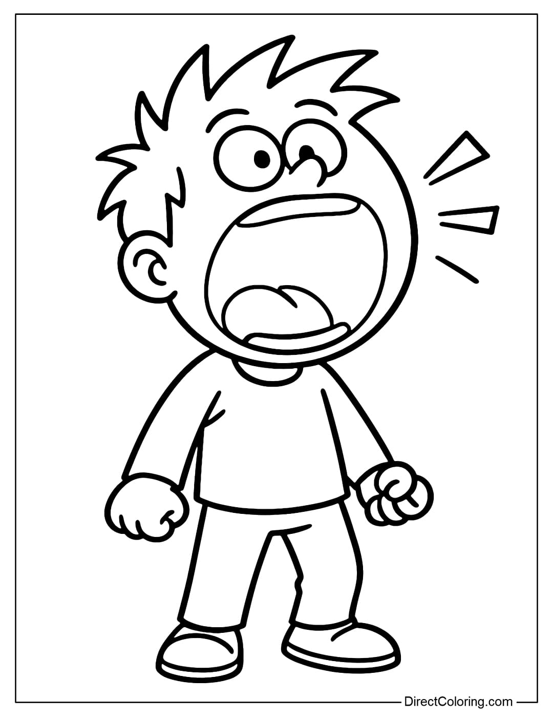 A cartoon character coloring page that screams loudly, its mouth wide open, taking up half of its face.