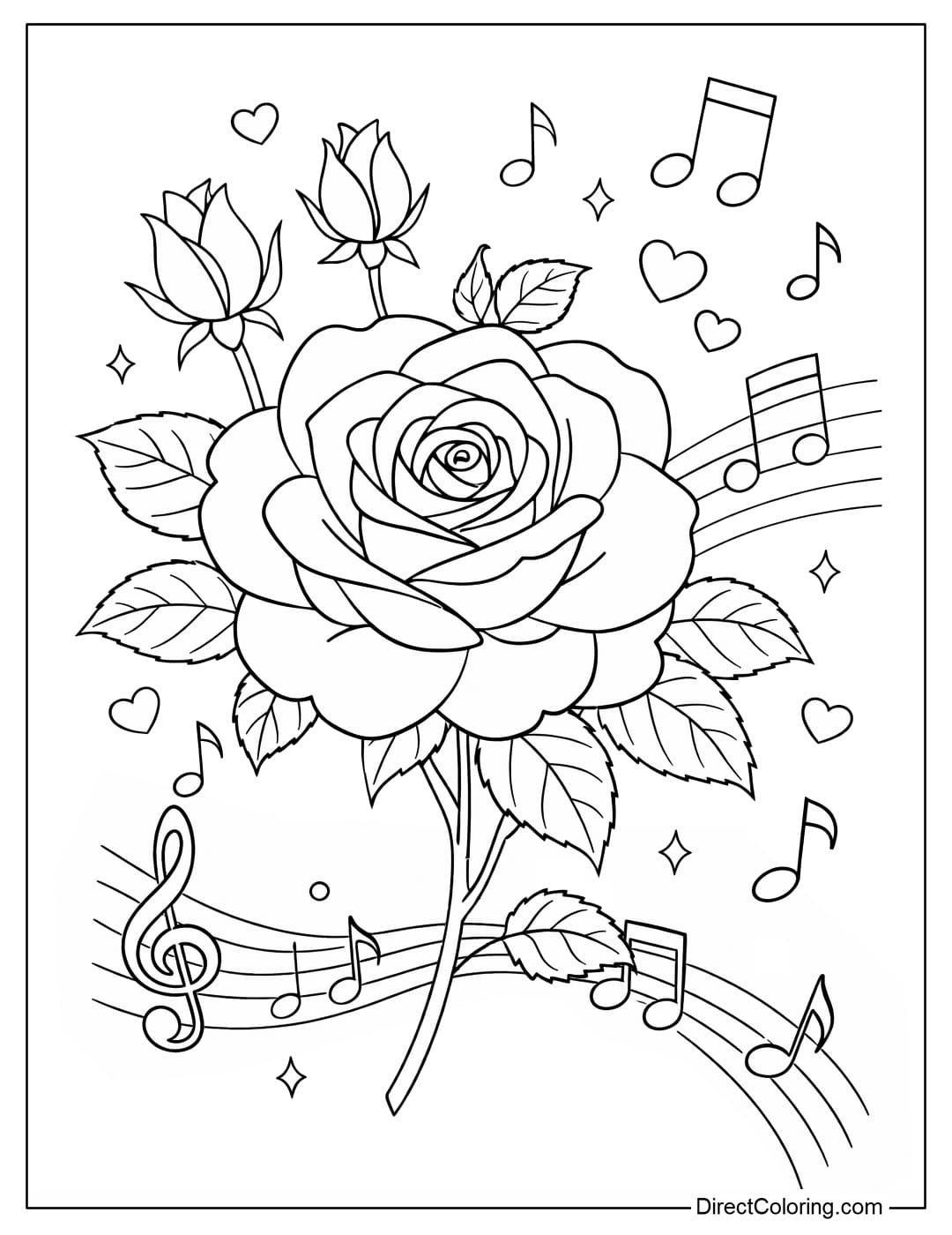 Coloring page of a large rose with simple musical notes, creating a romantic and cheerful feeling.