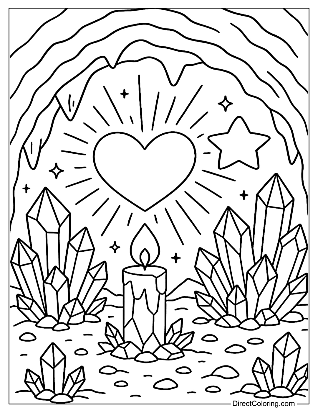 Crystal Cave Coloring Page sparkles, light reflects to form hearts and stars.