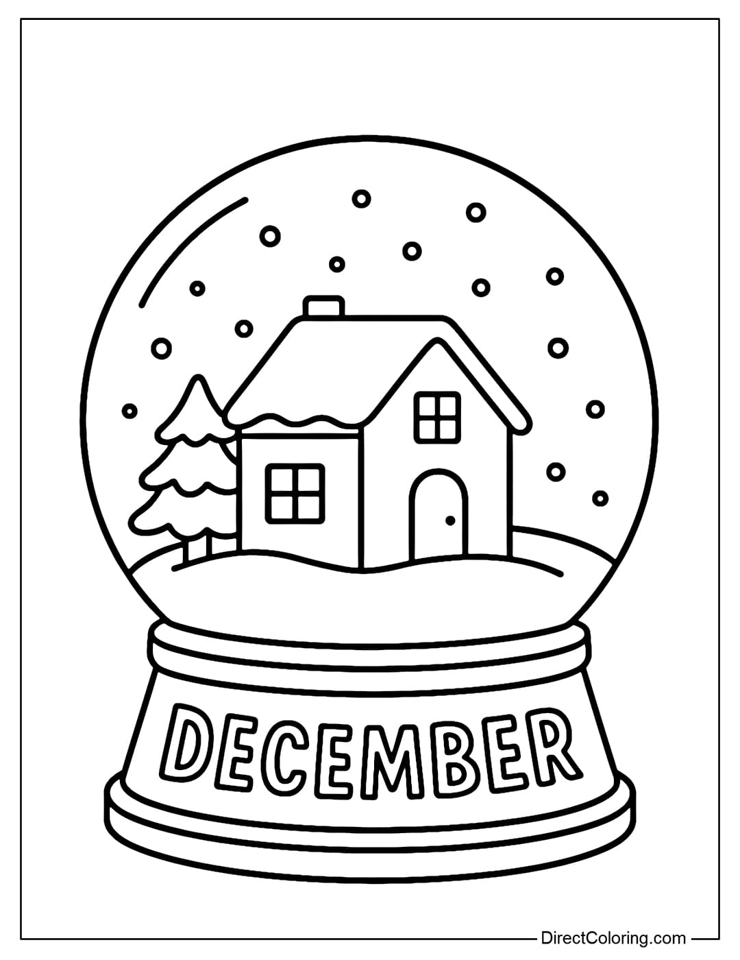 A snow globe coloring page with a small house inside, the word December engraved on the outside around the base.