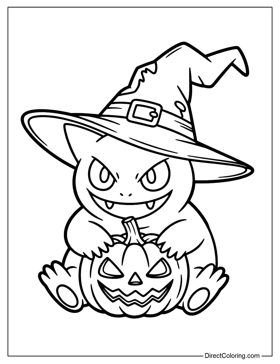 Coloring page of Gengar wearing a big Halloween witch hat, sitting hugging a Jack-o-lantern pumpkin.