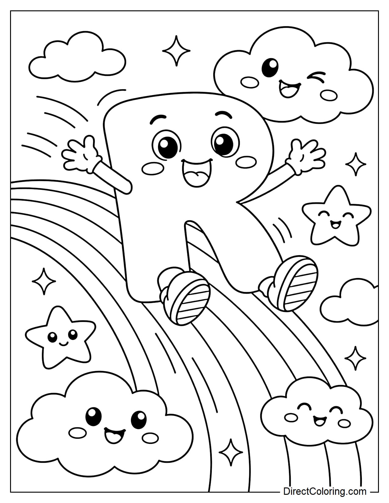 The cheerful letter R is sliding down a large rainbow with fluffy clouds around it.