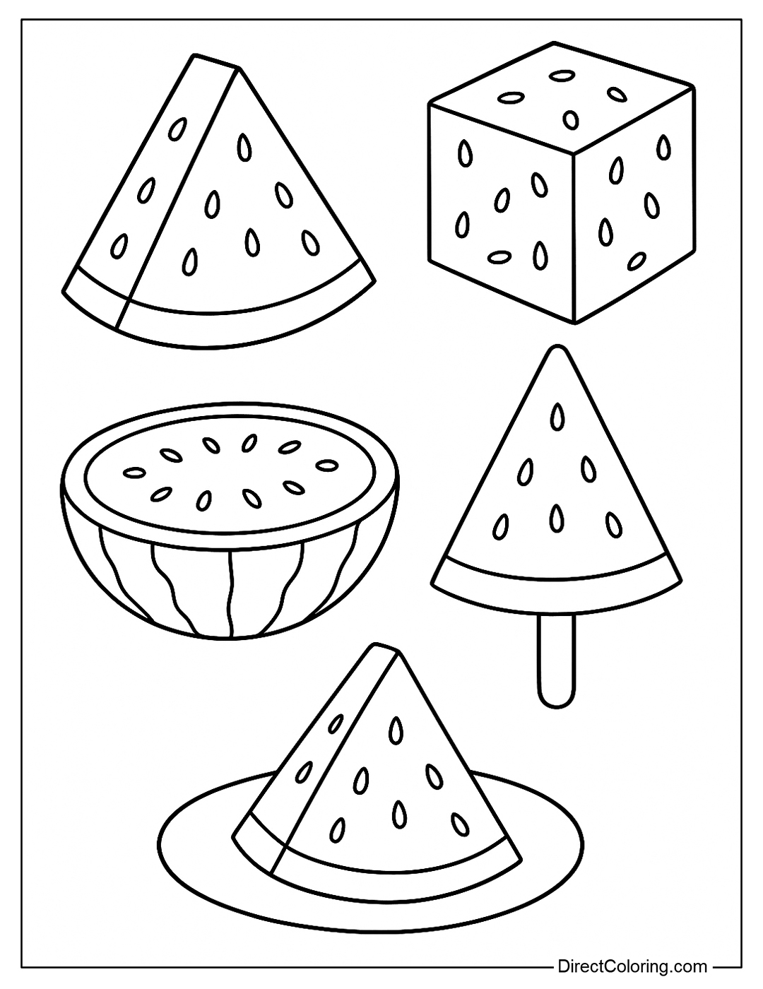Coloring page of different cut watermelon pieces: triangles, squares, whole halves, sticks