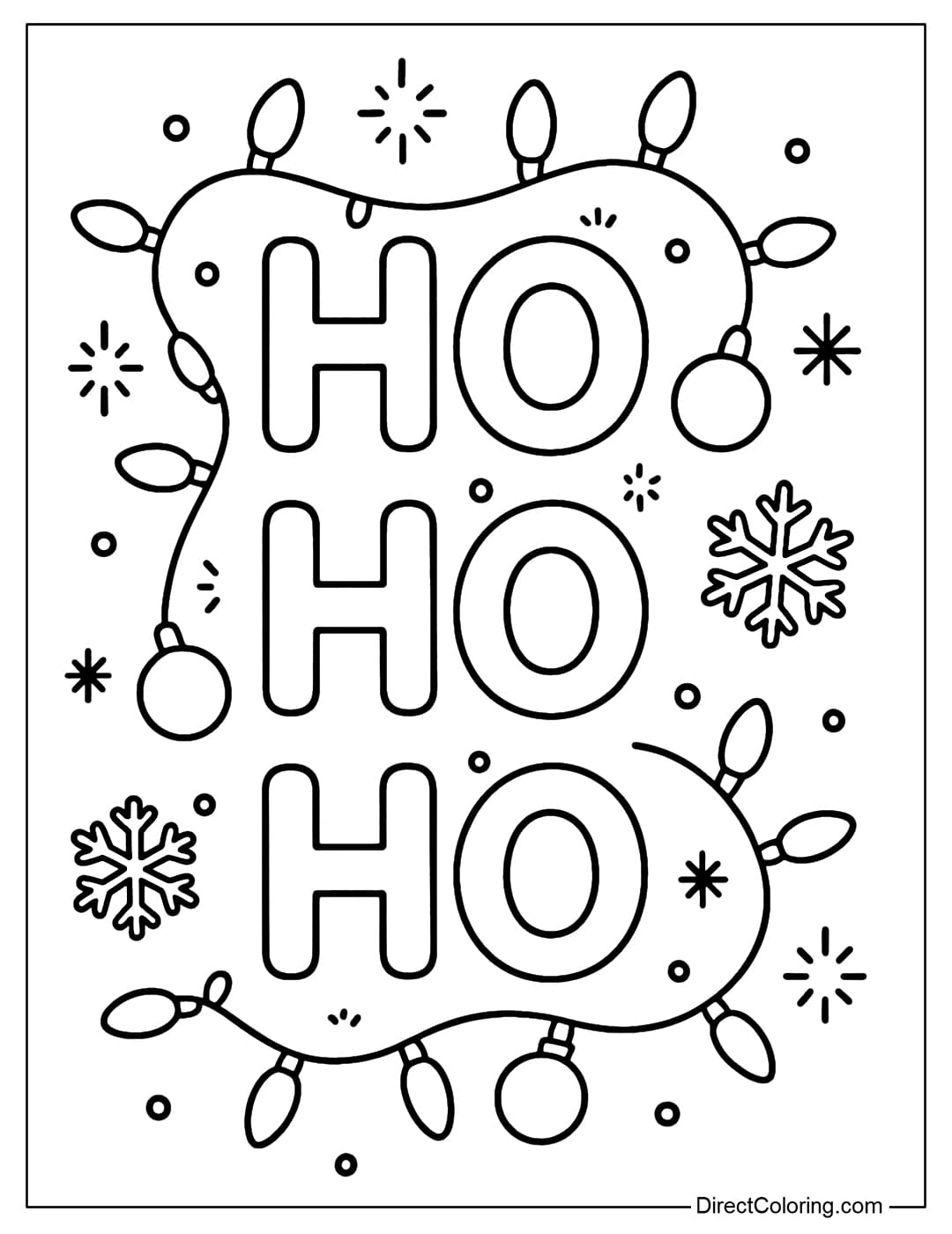 Ho Ho Ho coloring page surrounded by Christmas lights, balls and small snowflakes.