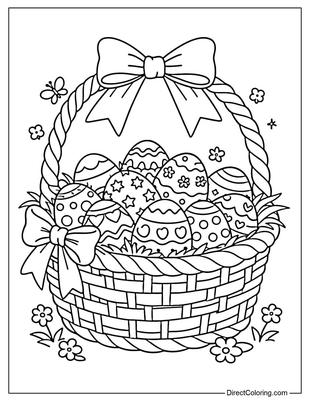 A coloring page for an Easter basket filled with beautifully decorated eggs and ribbon bows.