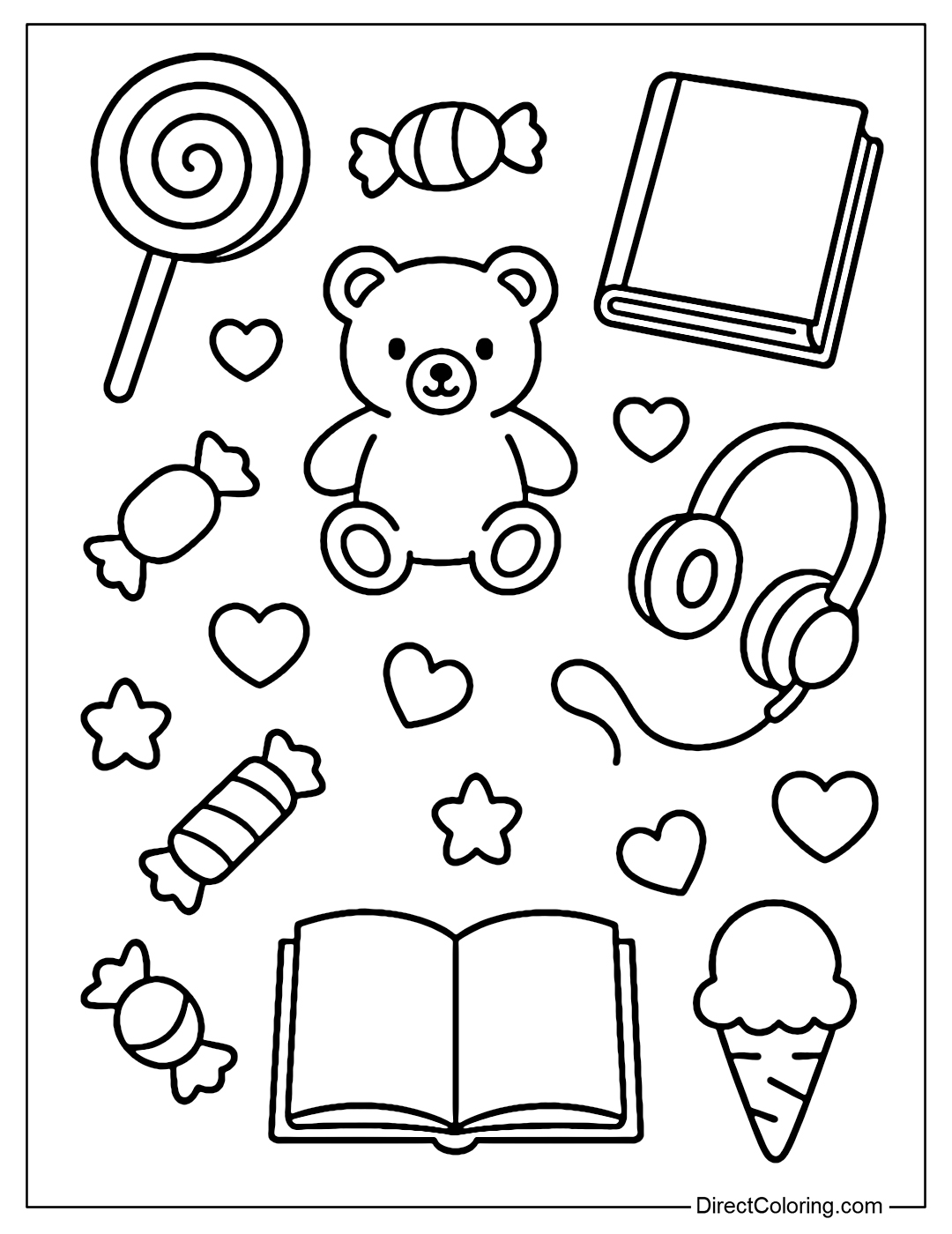 Coloring page filled with baby's favorite things: candy, stuffed animals, books, headphones, hearts...