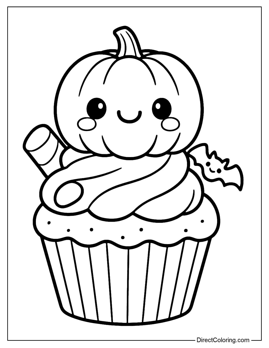 A coloring page of a pumpkin lying on a cupcake covered with sweet cream, decorated with marshmallows and mini bats.