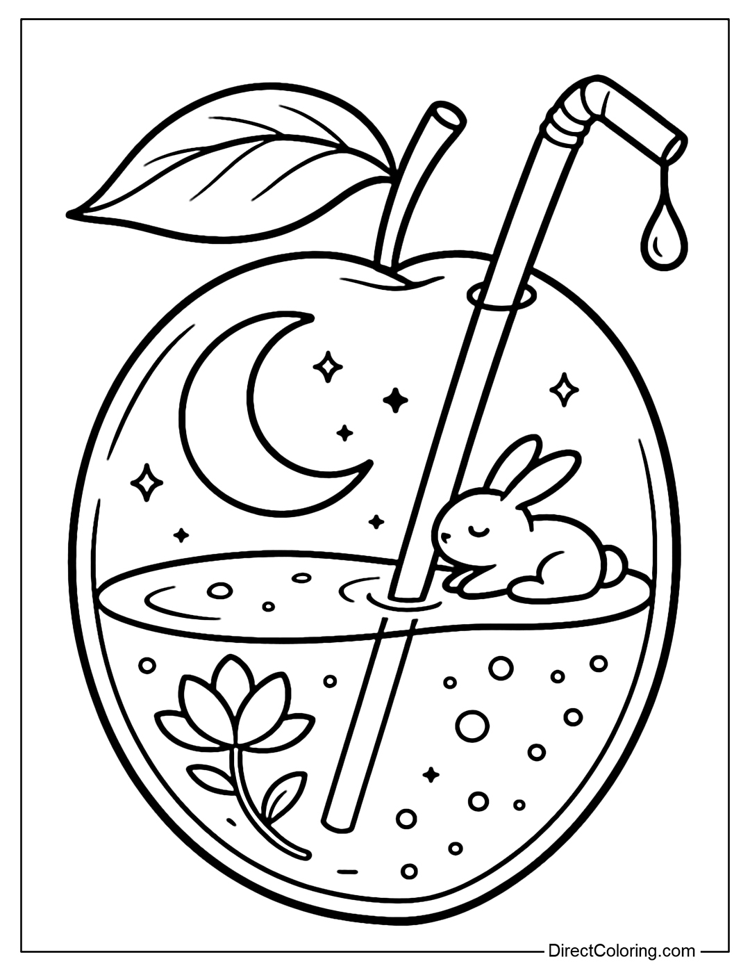 A plum coloring page with moonlight water, with a lotus flower and a mini rabbit resting. A soft straw shaped like a dewdrop.
