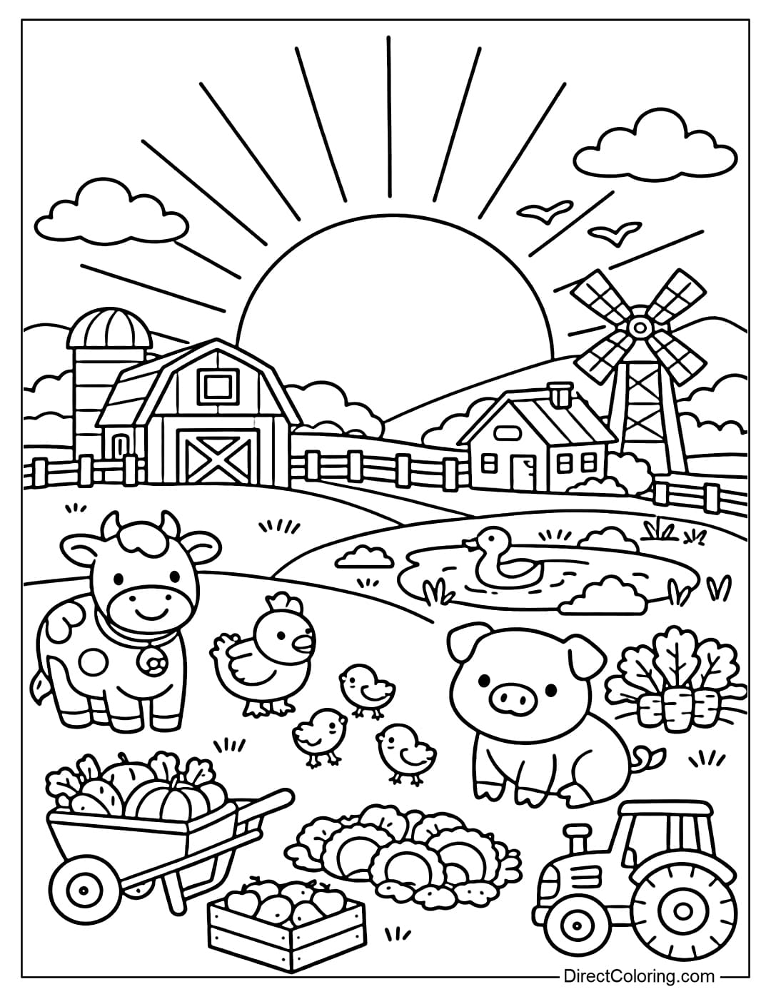 Coloring page for a farm at sunrise with a large sun in the background.