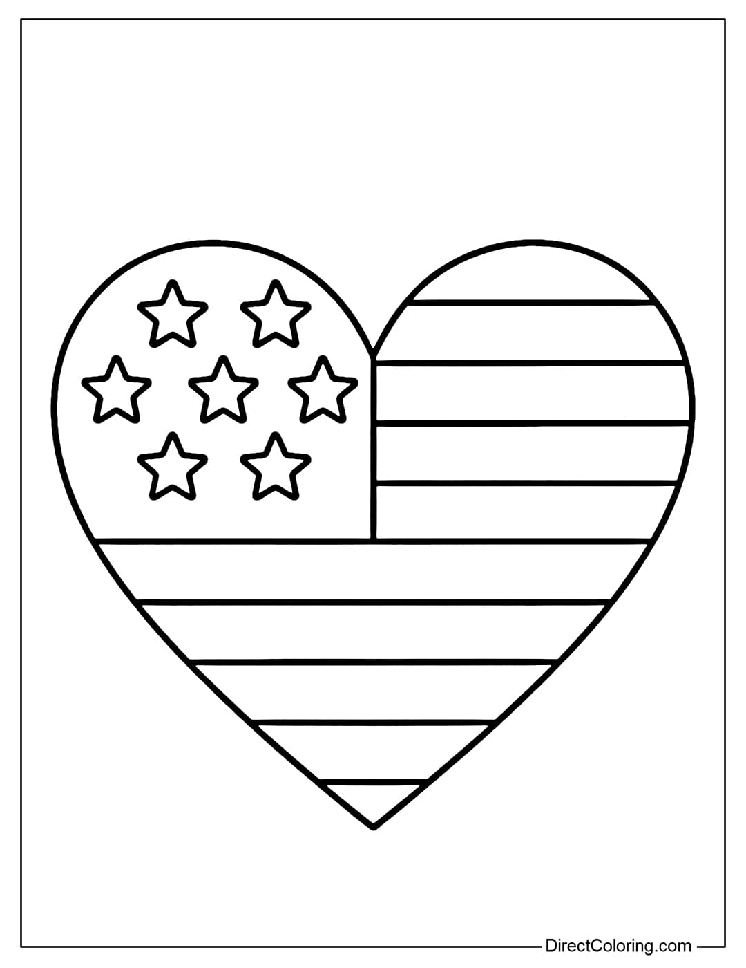 Coloring page of a large heart with an American flag motif.