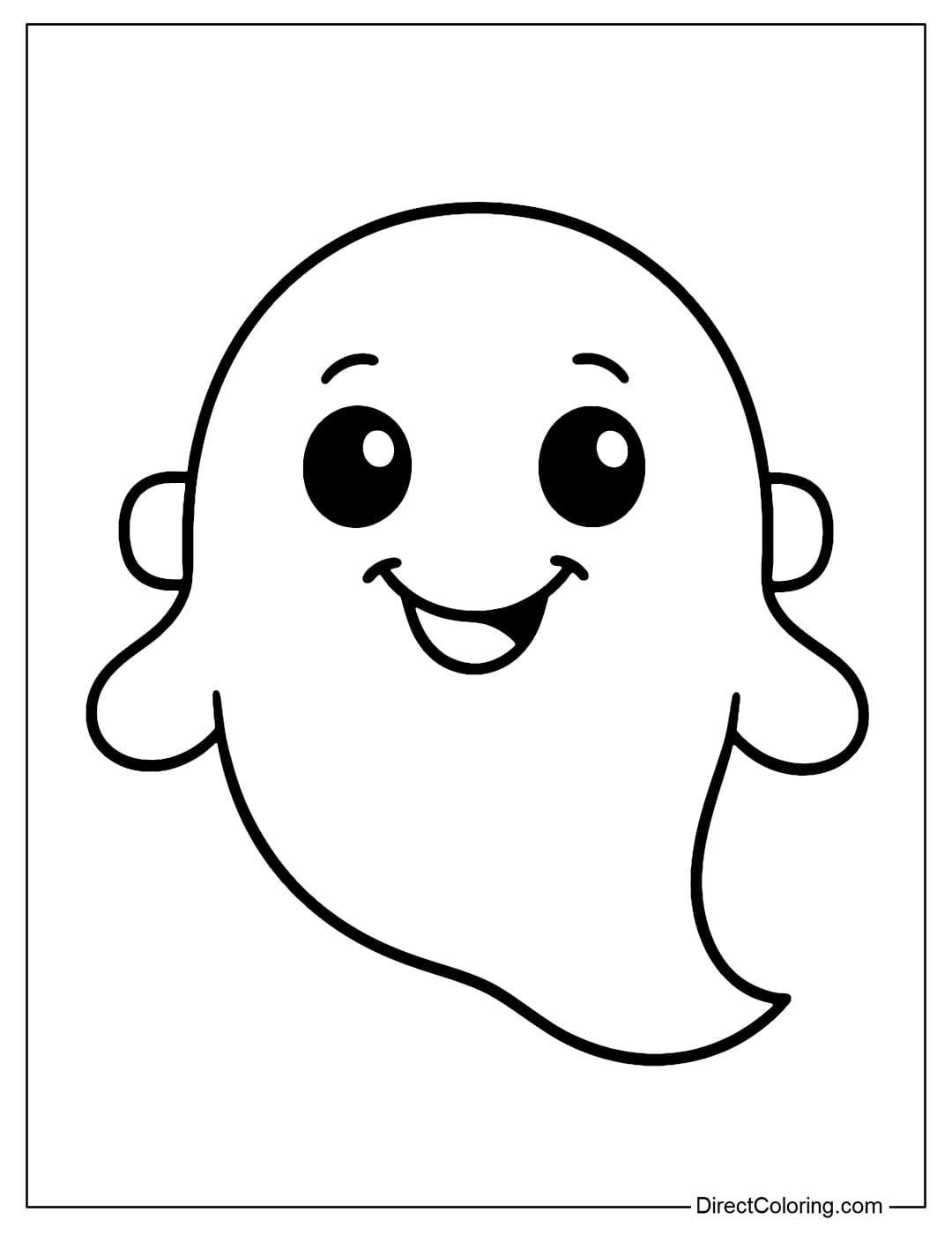 Halloween mask coloring page with round ghost shape, smiling mouth, big sparkling eyes.