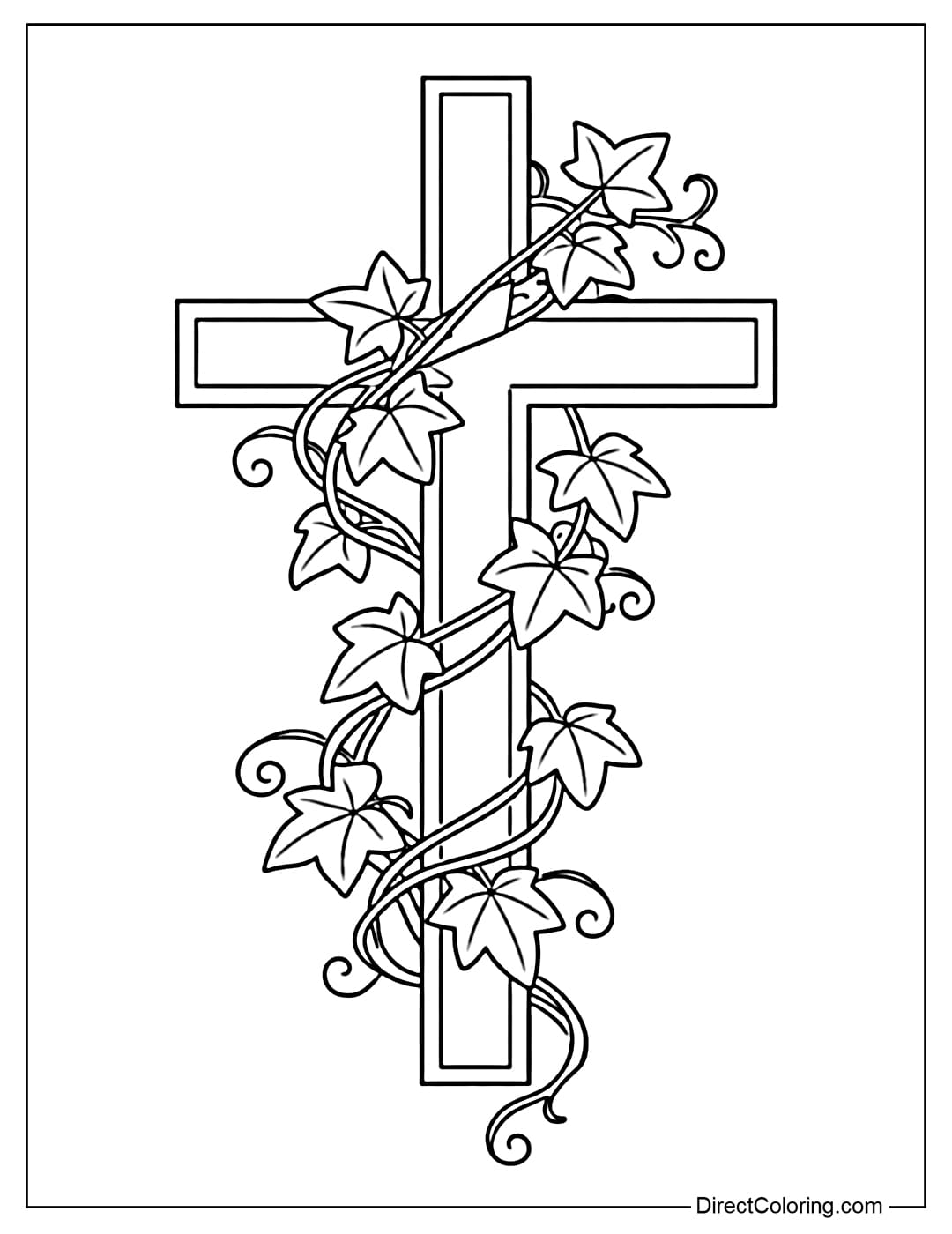 A cross coloring page with vines and leaves gently winding around the cross.
