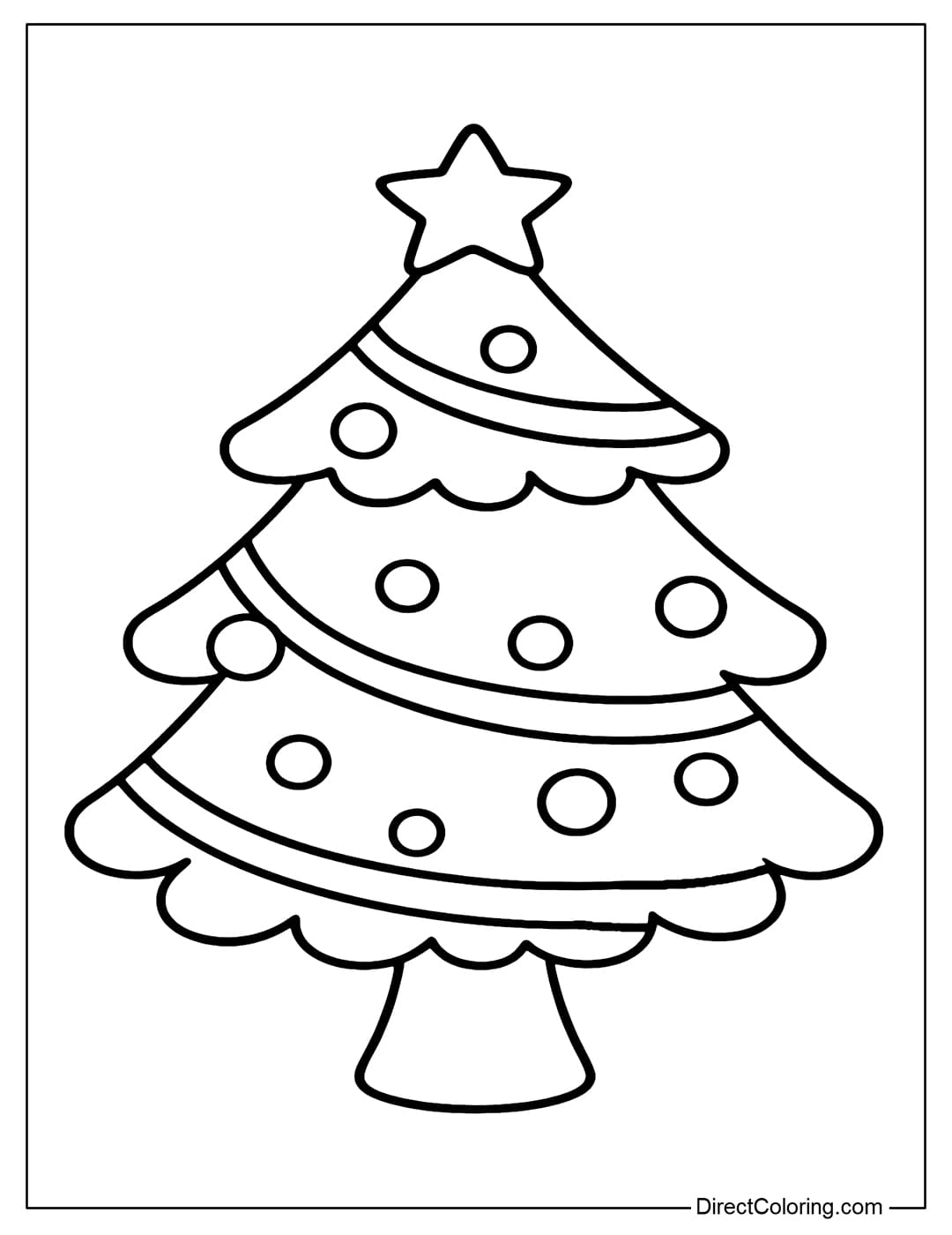 A chubby Christmas tree coloring page with soft, wavy leaves, decorated with balls.
