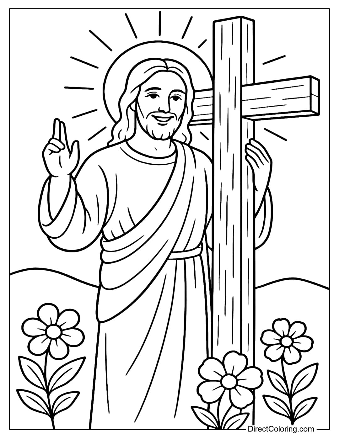 Jesus standing next to a large rough wooden Cross, with a circular halo, a low hill and some flowers.