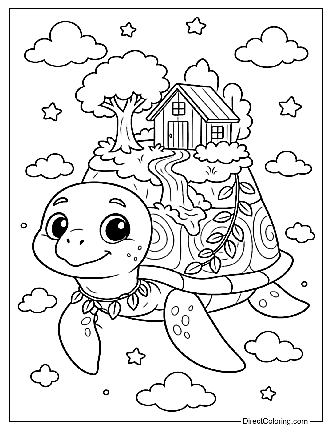 A coloring page of a large turtle with a small island on its shell with a wooden house, trees, a mini stream, and vines hanging around its neck. The whole scene is floating in the sky with stars and clouds.