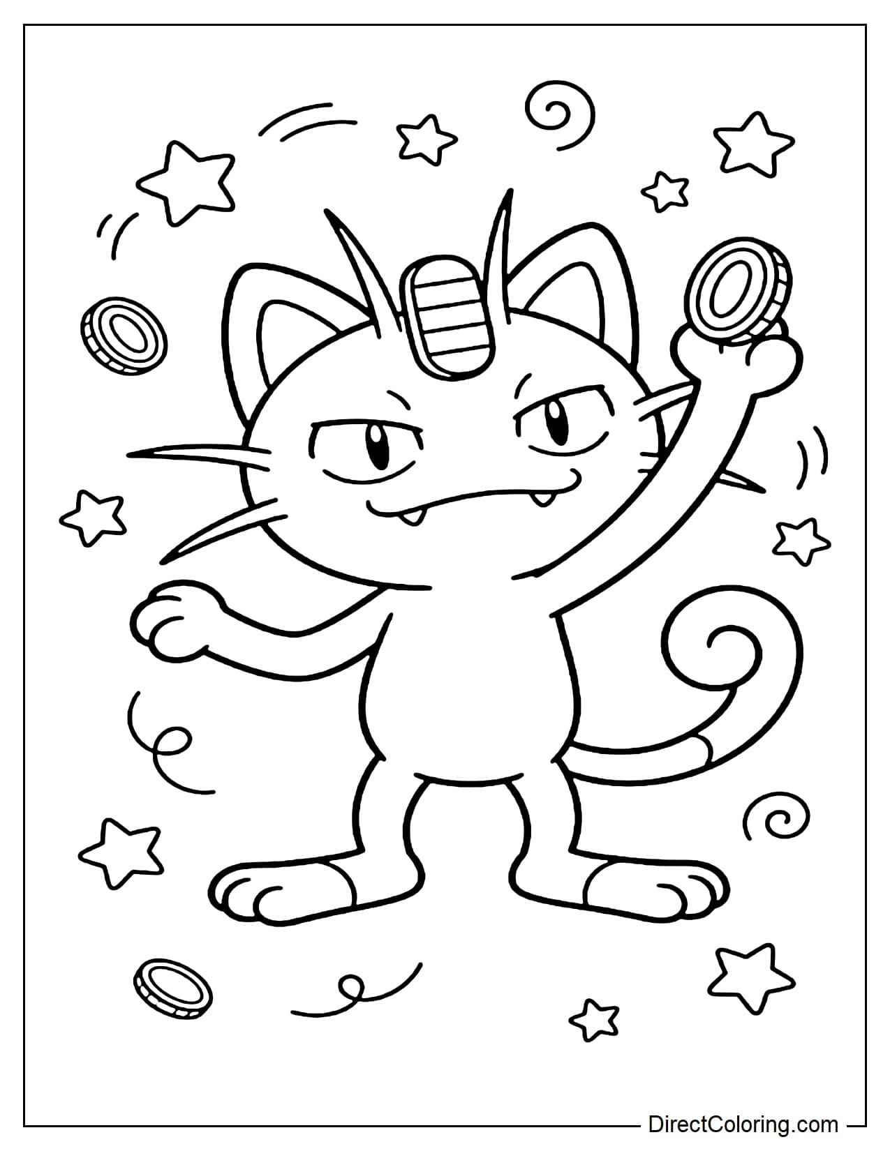 Meowth holding a coin in one hand, with a mischievous and adorable smile, surrounded by several stars and a small coin.