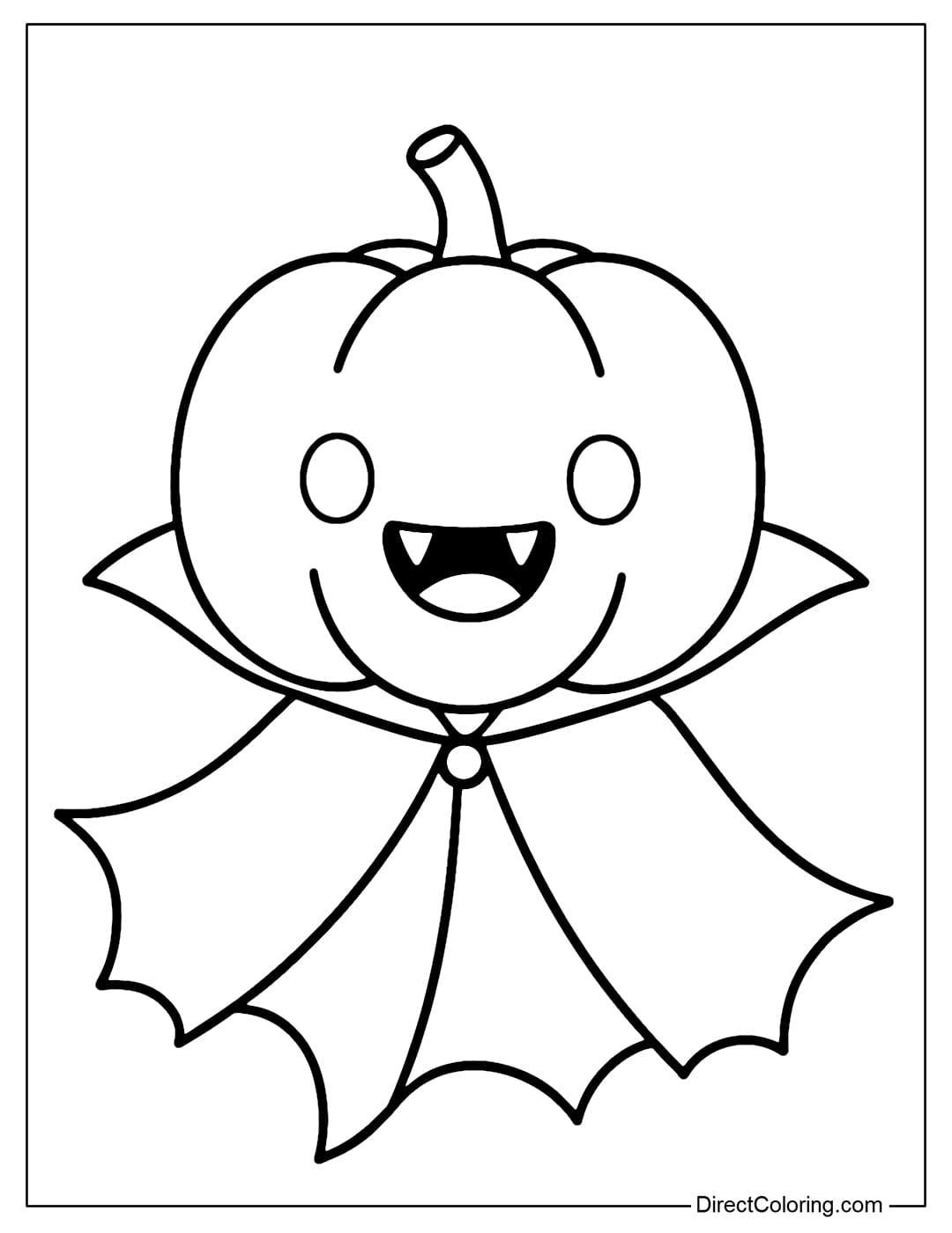 A coloring page of a pumpkin smiling with vampire fangs, wearing a fluttering cloak, but with a funny expression.