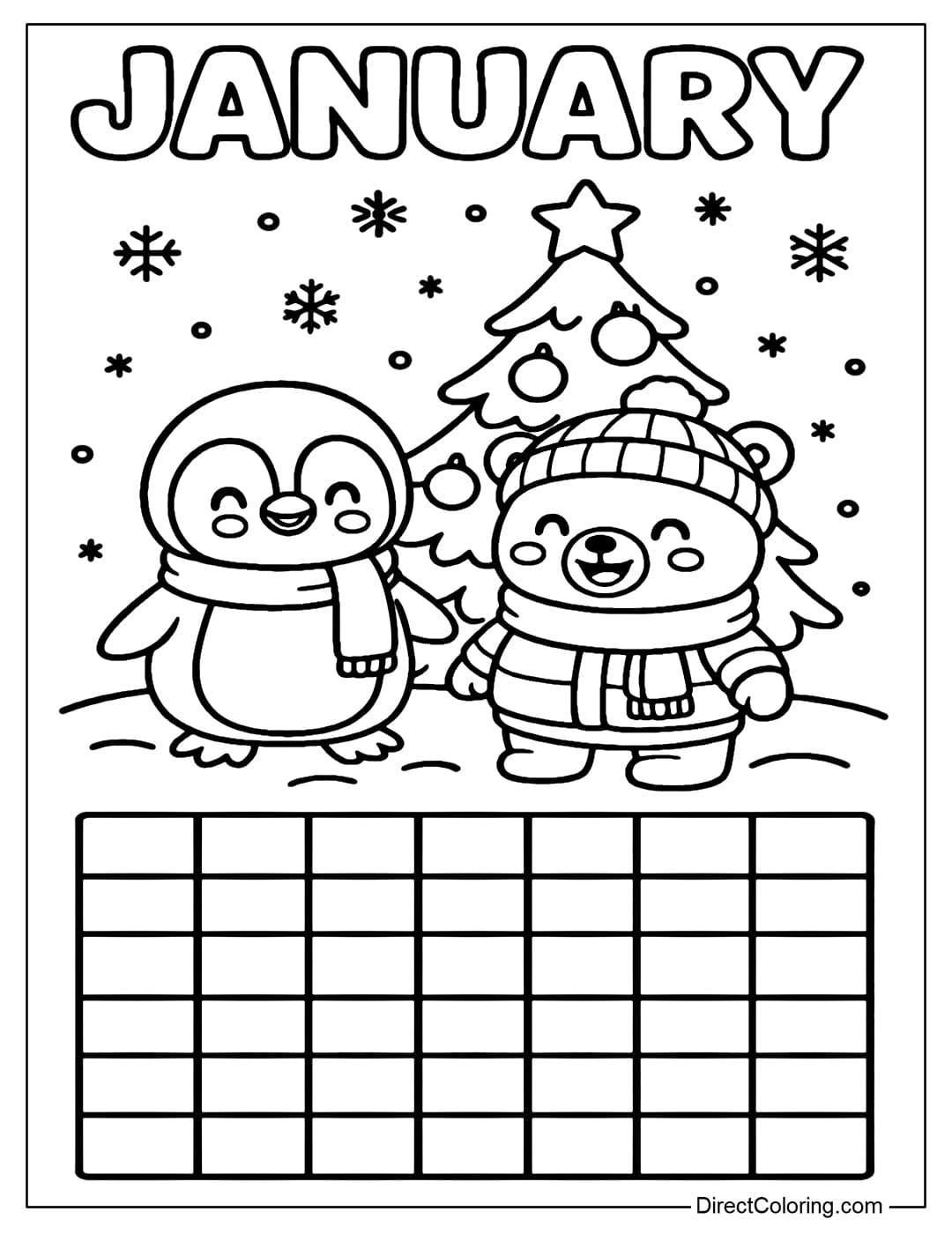 JANUARY calendar coloring page. There is a snow scene with a penguin and a cute bear wearing winter clothes standing next to each other, smiling happily.